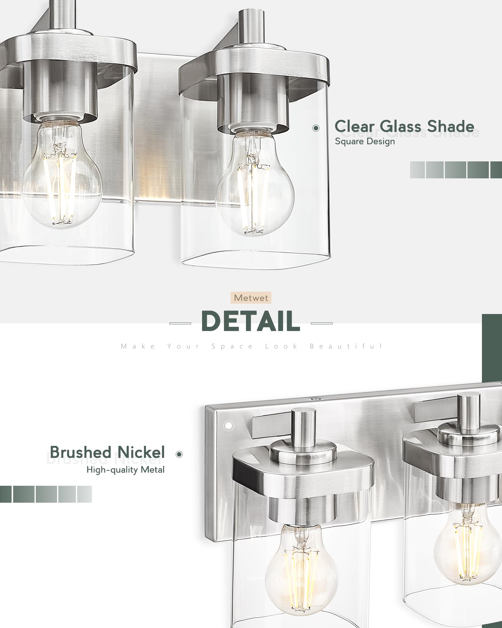 METWET 4-Light Vanity Light Fixtures, Brushed Nickel, Square Clear Glass Shade, Model VL194-BN-4