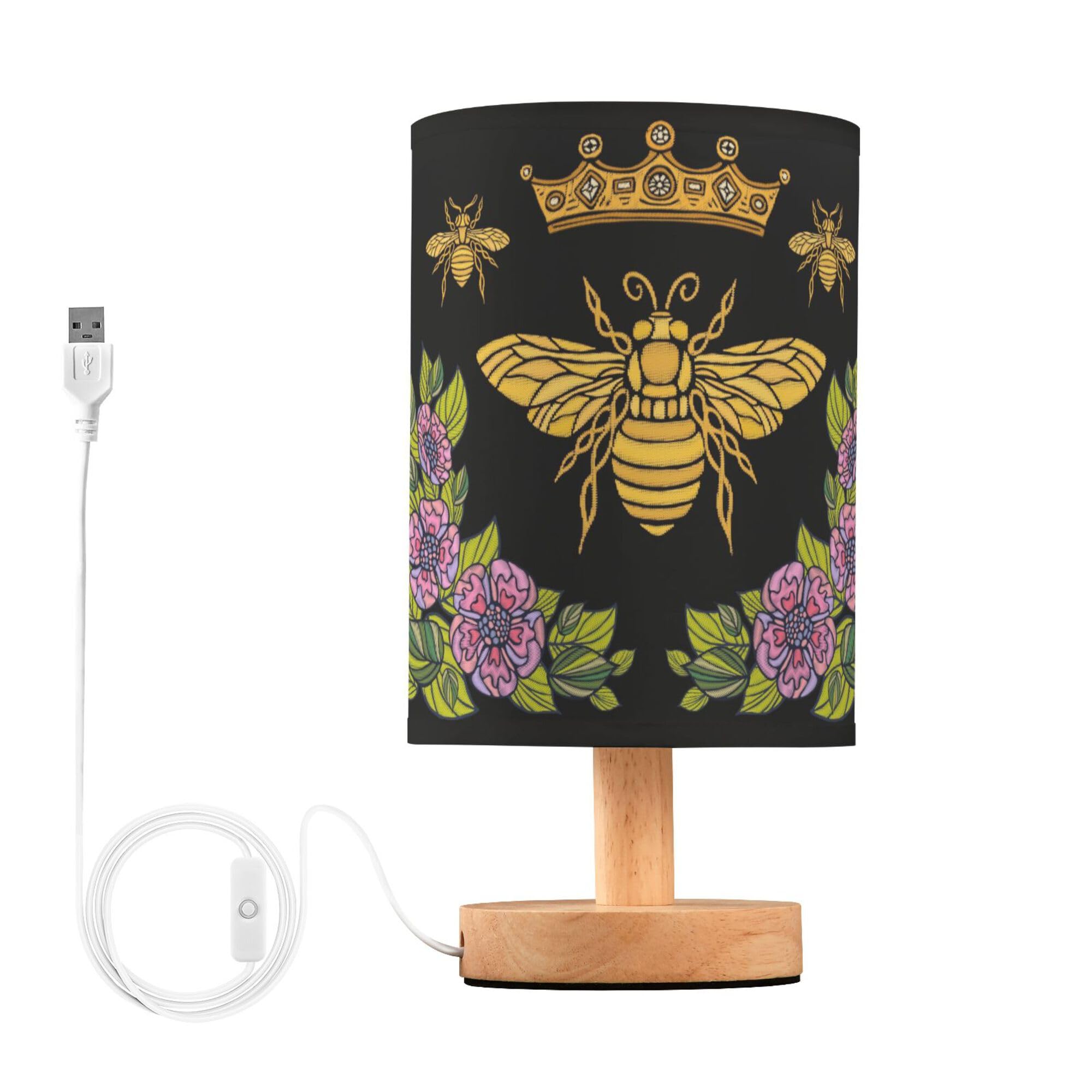 Yyzzh Table Lamp Honey Queen Bee Bumblebee Crown Flower Floral Wreath Nightstand Lamp With Wood Base Fabric Lamp Shade Bedside D