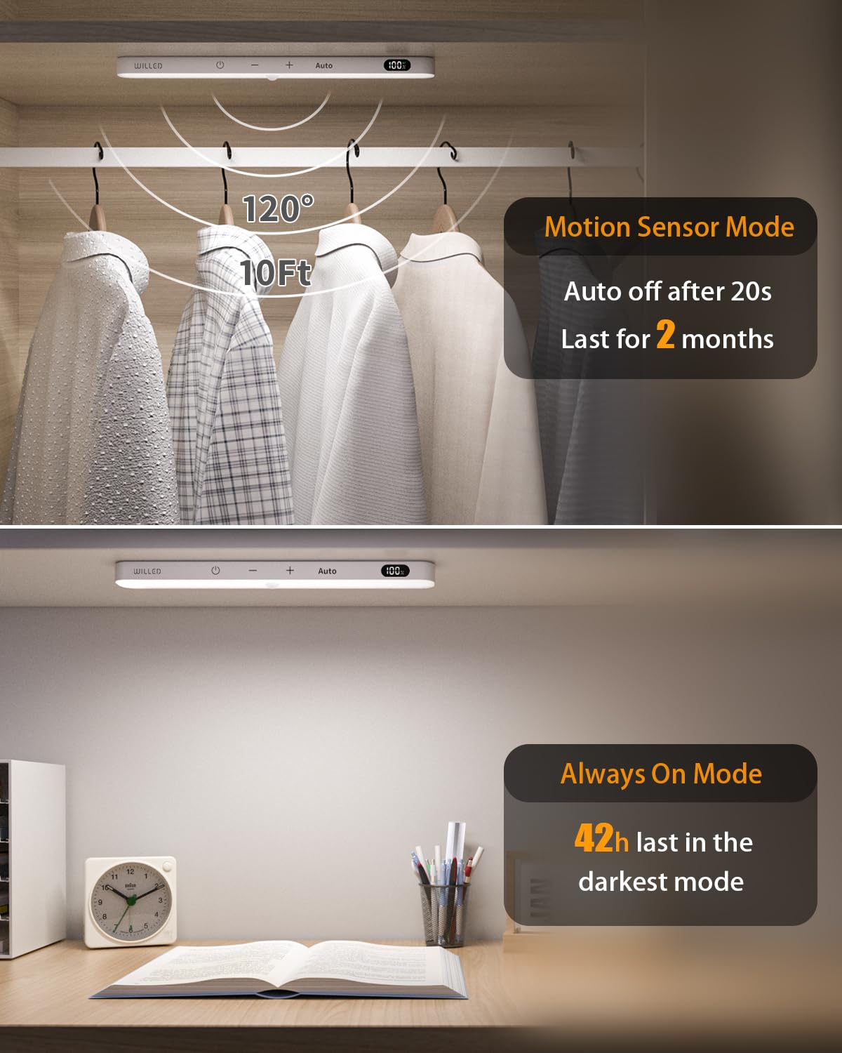 WILLED Under Cabinet Lights Rechargeable, Battery Display, 60 LED Touch Light Bar, Motion Sensor Light Indoor, Battery Operated