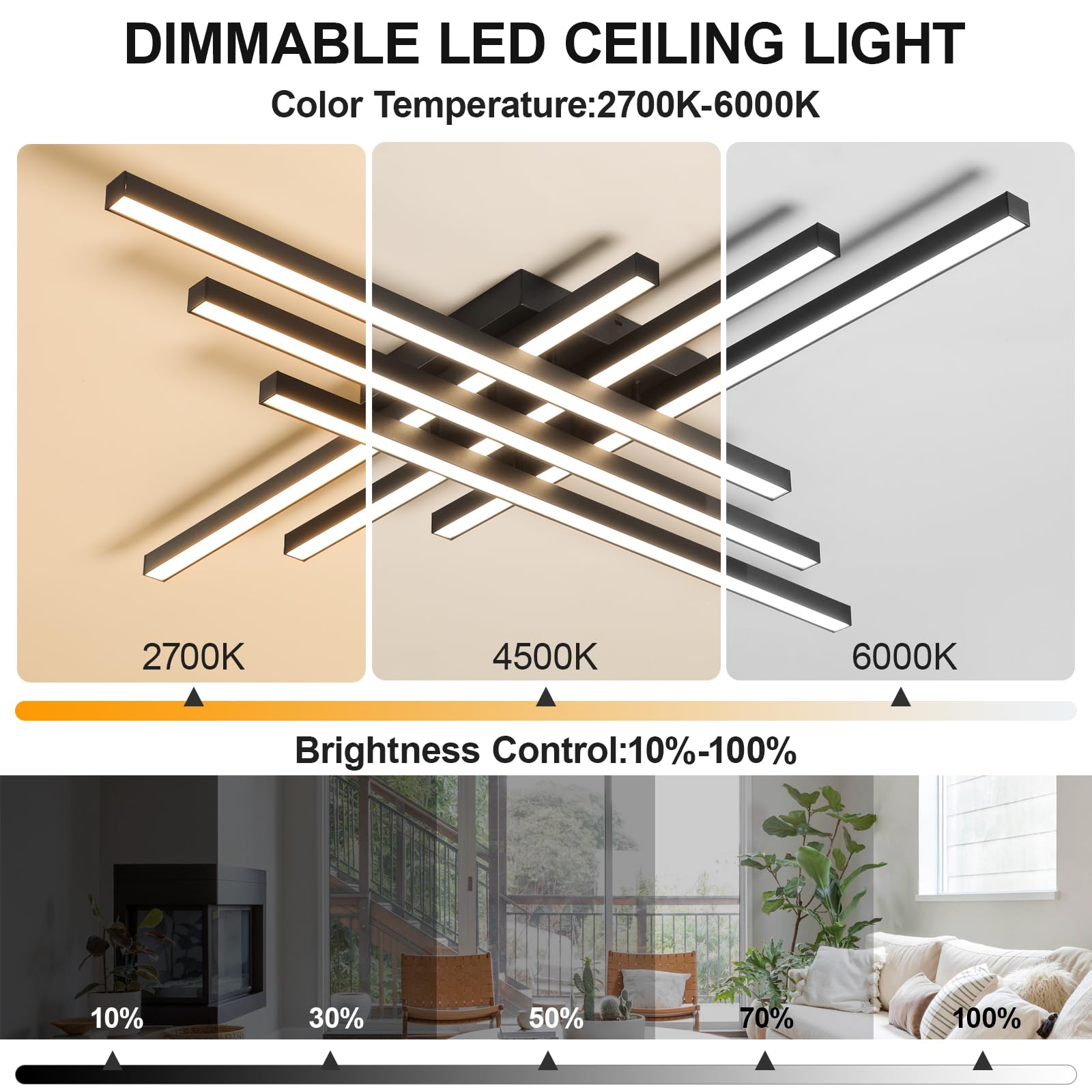 JAYMP 43.3" Black Sputnik Ceiling Light, 6 Lights, Dimmable LED, Iron, Model GB6655 - Modern Fixture for Dining Room, Living Room, Kitchen Island