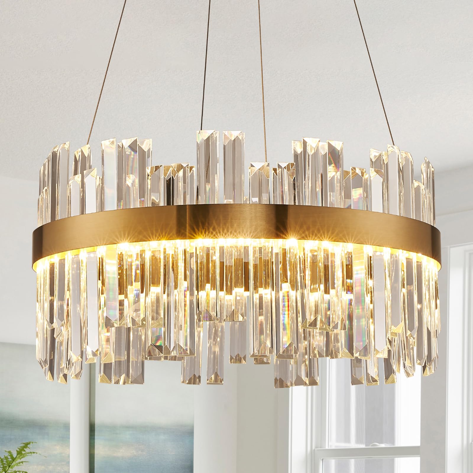 19.7'' Dimmable Modern Led Crystal Chandeliers,Gold Chandelier Light Fixture, 3 Colors Contemporary Pendant Ceiling Light For Di