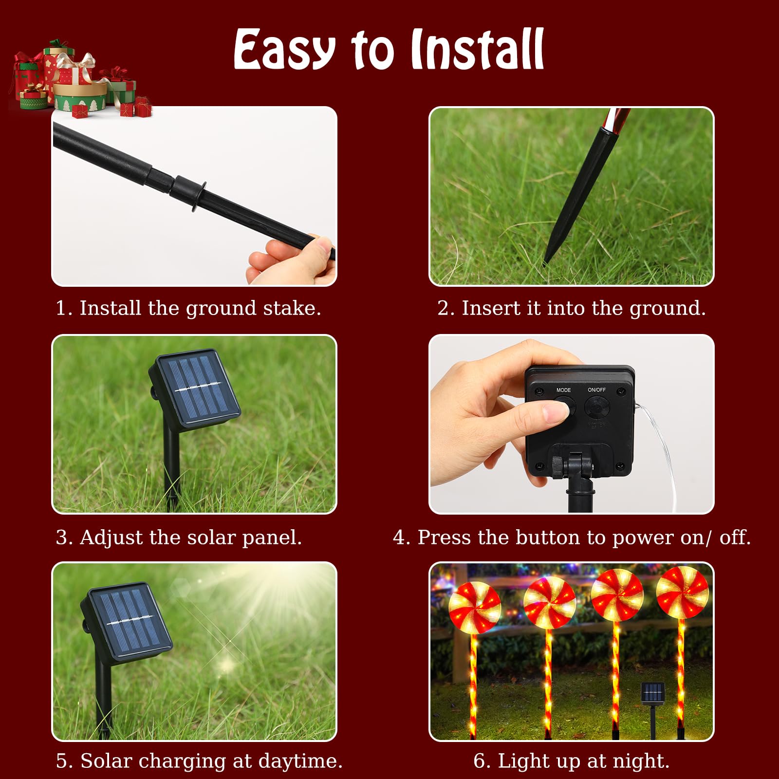 Lewondr 4 Pack Lollipop Christmas Decorations Outdoor,Solar Lighted Candy With Garden Stakes,Waterproof Garden Lawn Pathway With