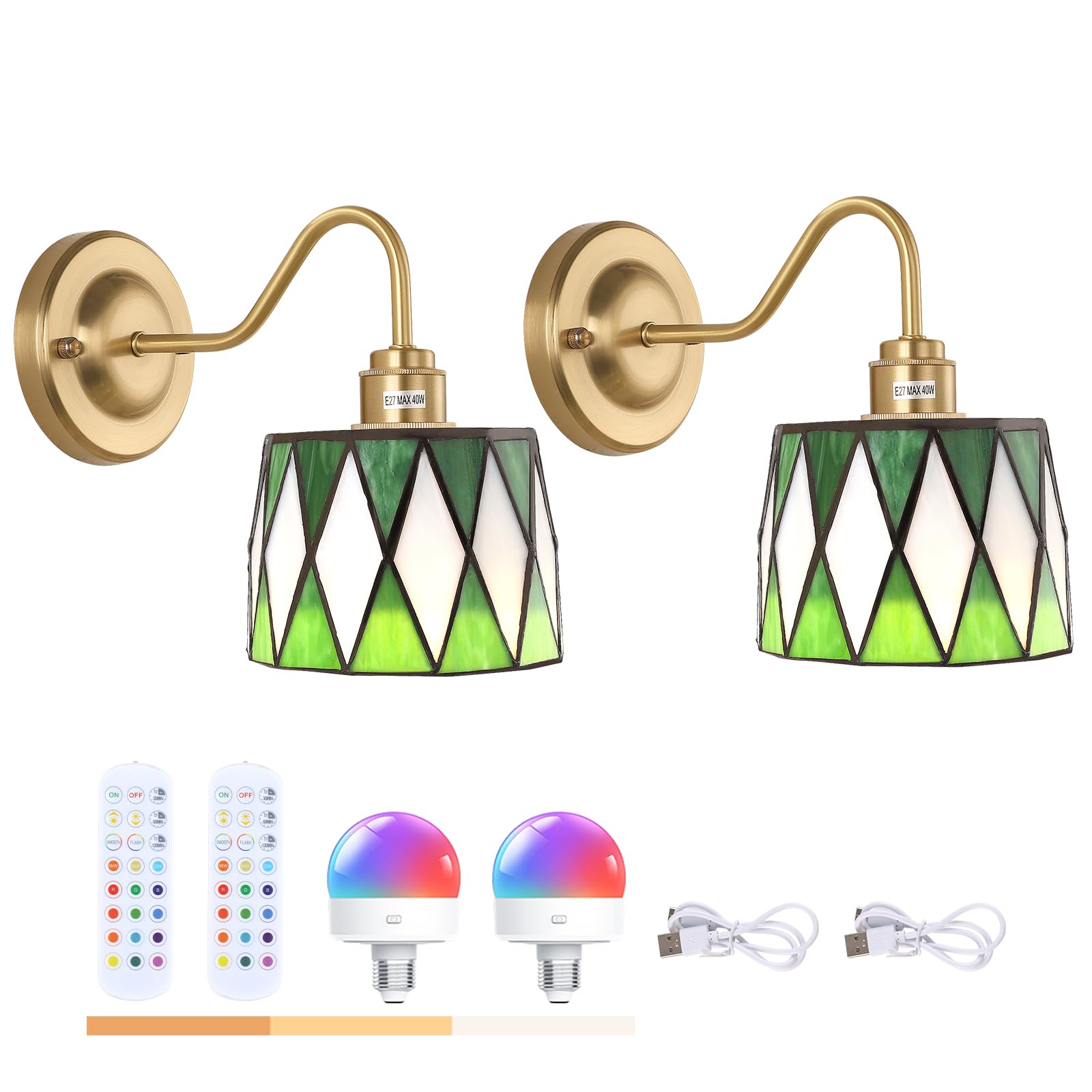 Shenmoyl Vintage Battery Operated Wall Sconce Set Of 2 With Remote, Rechargeable Wall Lamp 3 Colors Dimmable, Gold Lights Fixture For Bedroom Bathroom Living Room Hallway Green Checker