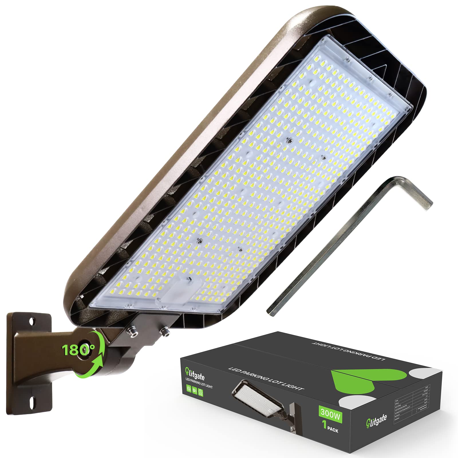 Glitgate 300W LED Parking Lot Light 45000LM 5000K Adjustable Arm Mount Street Light with Dusk to Dawn Photocell, 100-277V IP65 Outdoor Waterproof Commercial Area Lighting