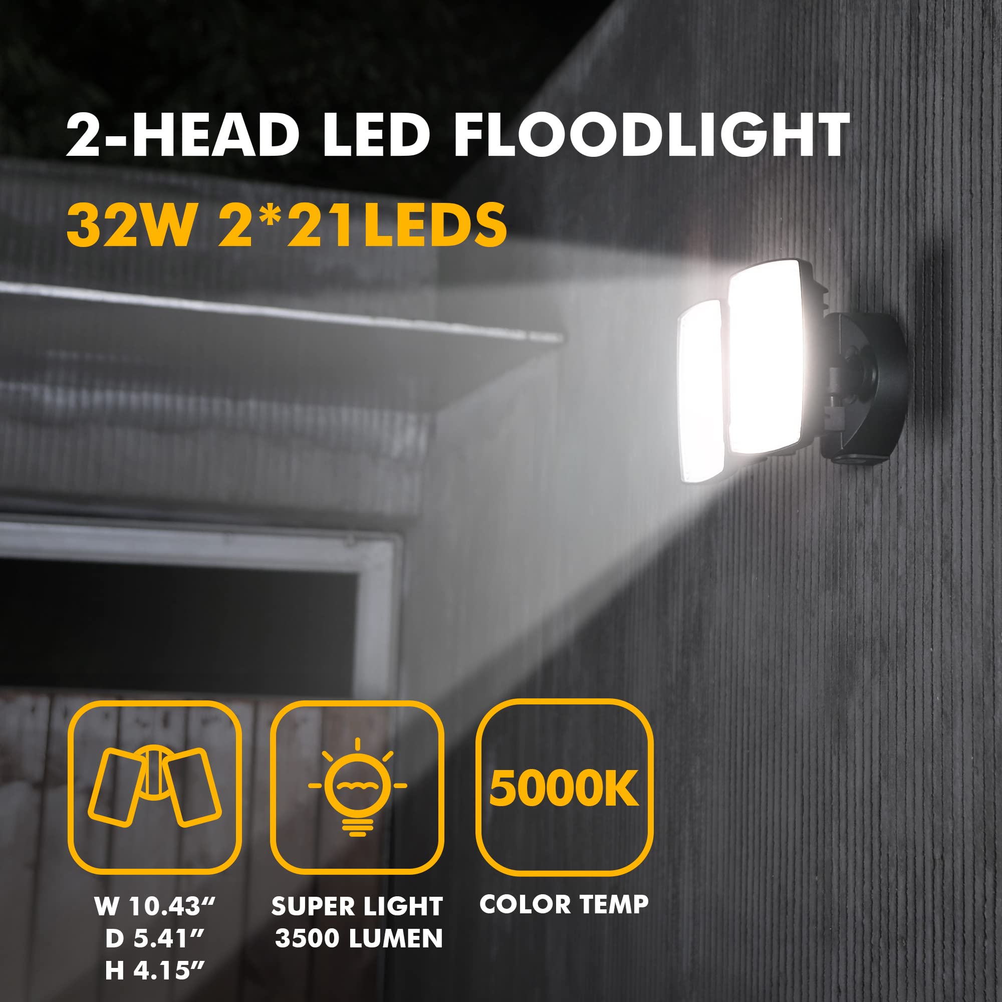 LUTEC Dual-Head LED Floodlight 3500 Lumen 32W 5000K Black 2-Pack Waterproof Security Light