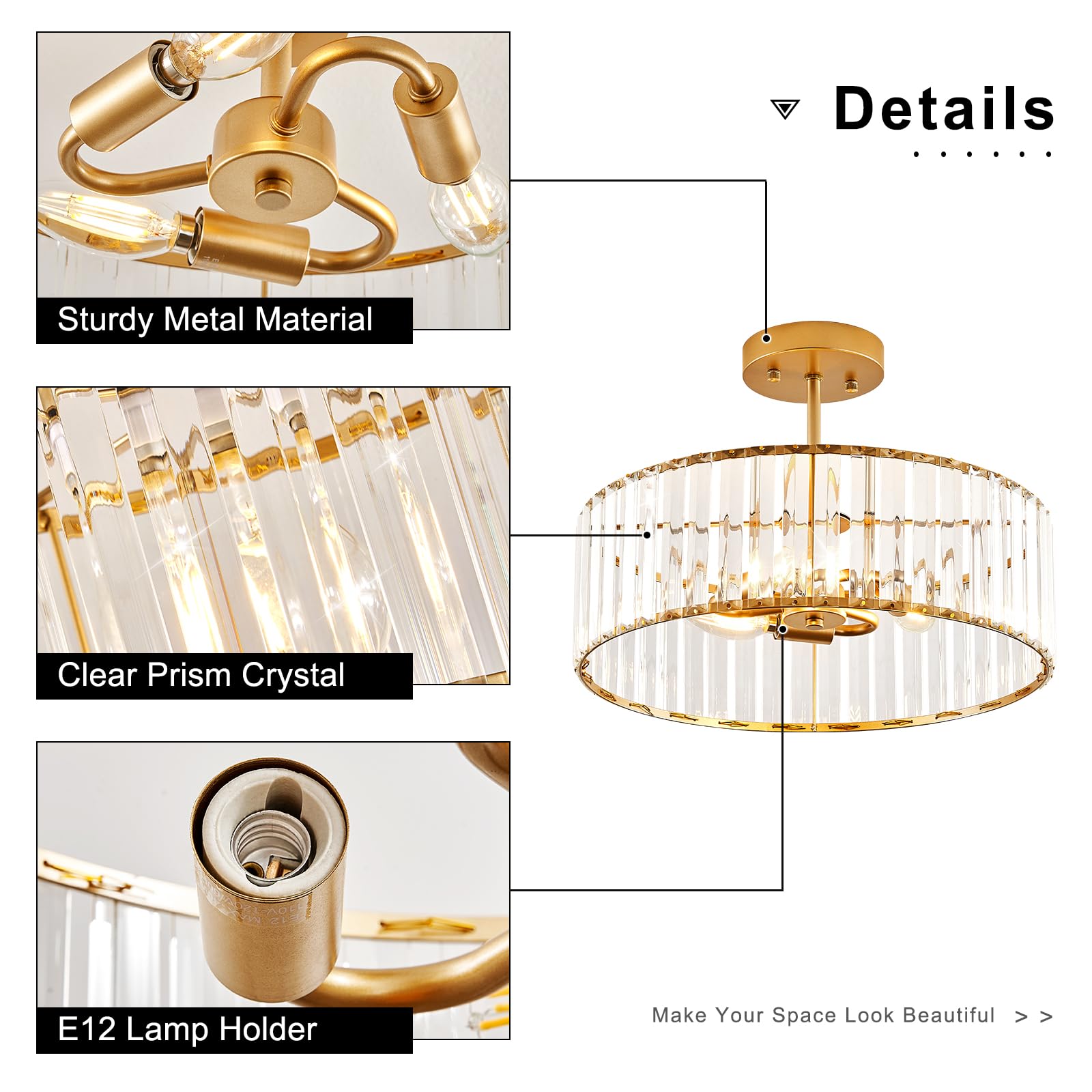 Violoemi Modern Gold Semi Flush Mount Ceiling Light Crystal 3-Light Light Fixture 15.75 Inch Kitchen Ceiling Lighting For Living Room Bedroom Dining Room Bathroom Entryway (Bulb Not Included)