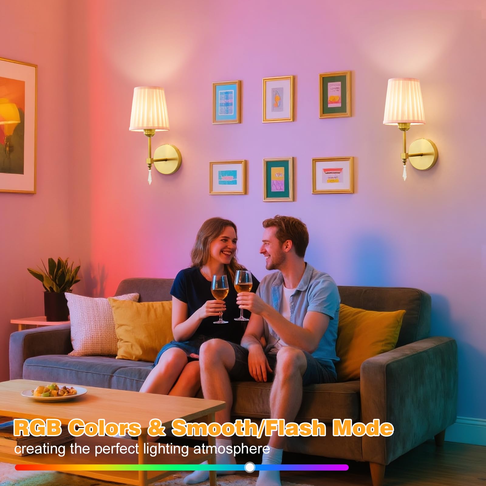 eypid Battery Operated Wall Sconce Set of 2, 10000mAh, Dimmable, RGB, Gold, Fabric, Model JB0030