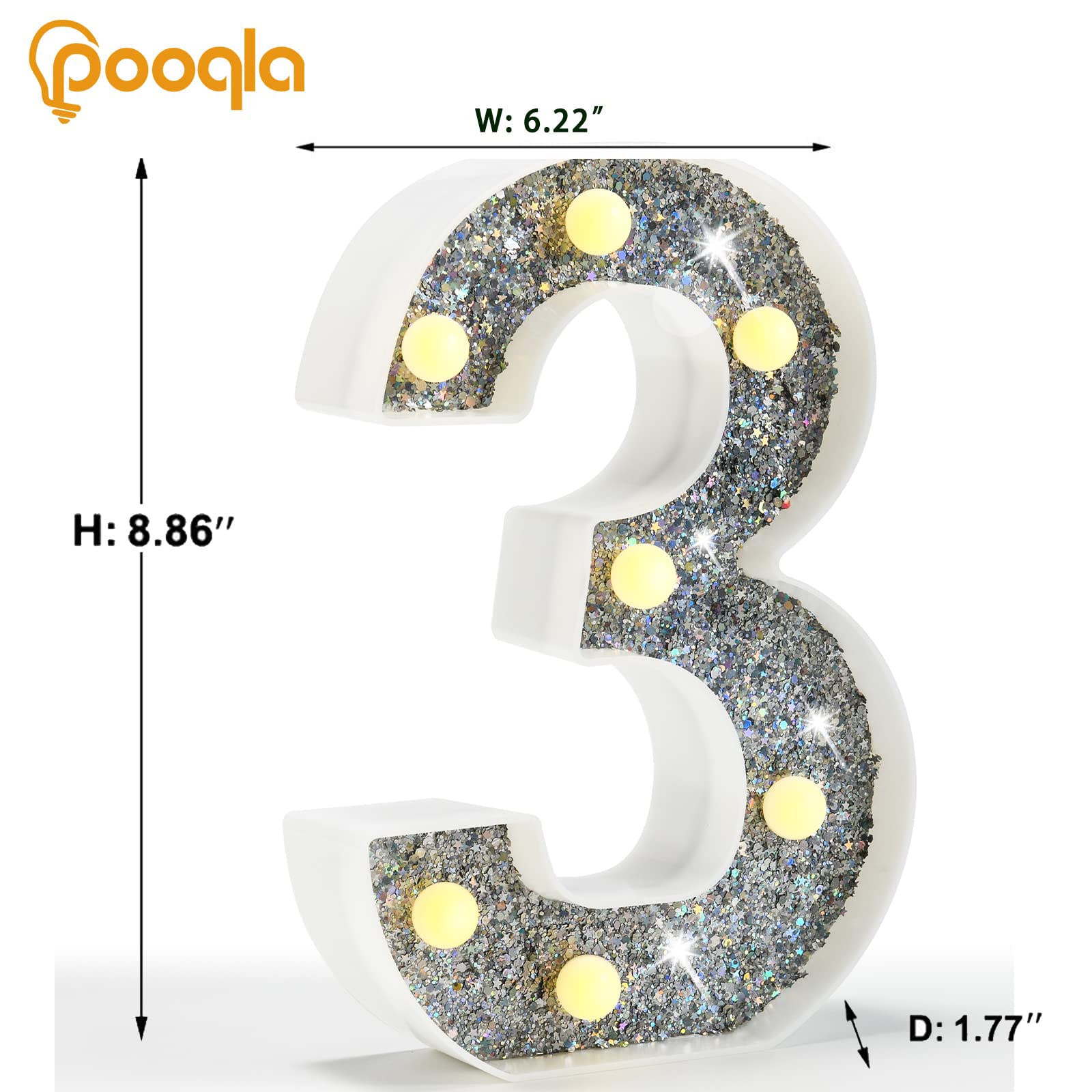 Pooqla Silver LED Marquee Number Light, Battery Operated, 16 Colors, Model S-RGB, Number 3, Metal Material