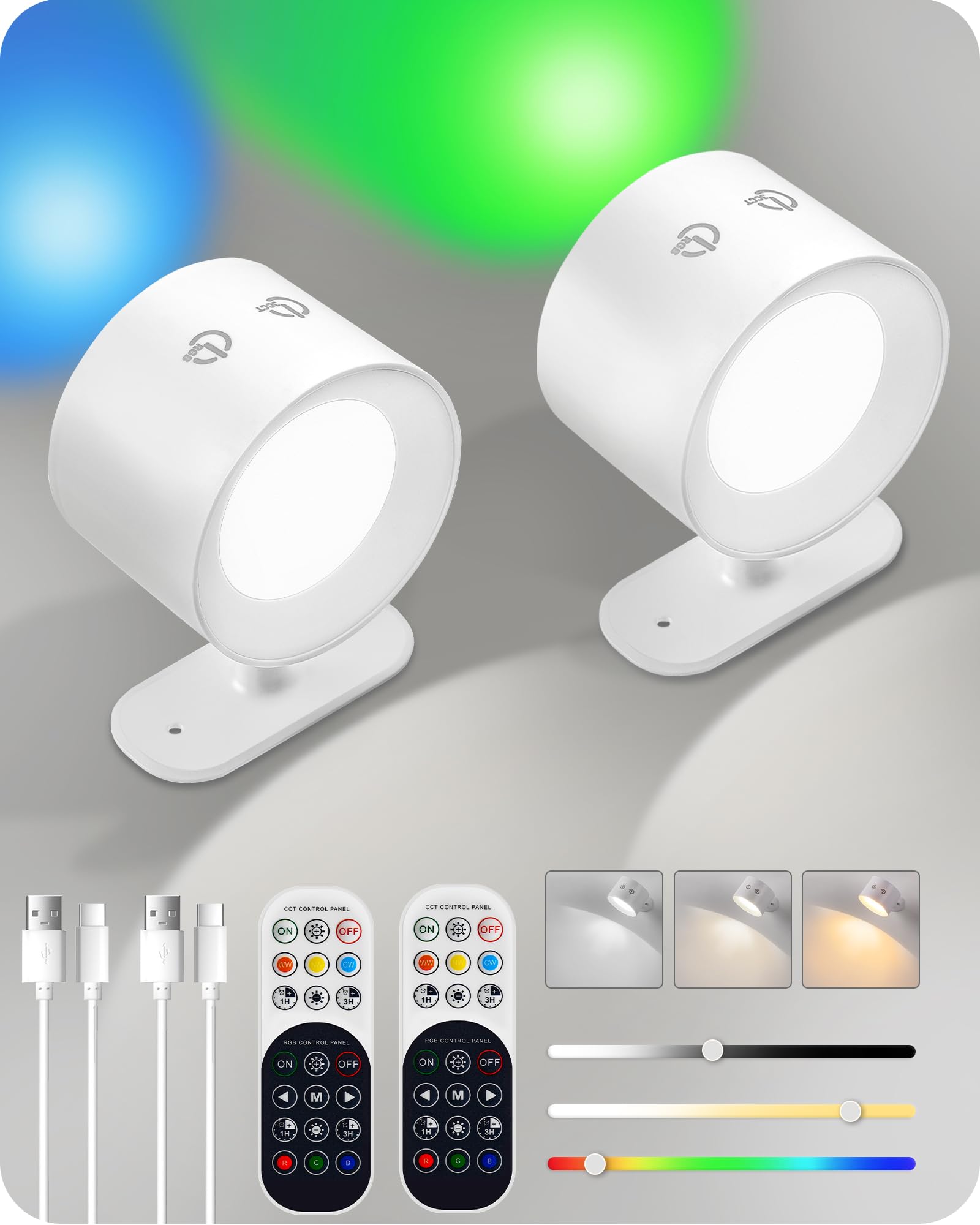 Goebleson Battery Operated Wall Sconce Set Of 2, Rechargeable Wall Sconce With Remote Control, 3 Color Temp 3 Rgb Dimmable, Cord