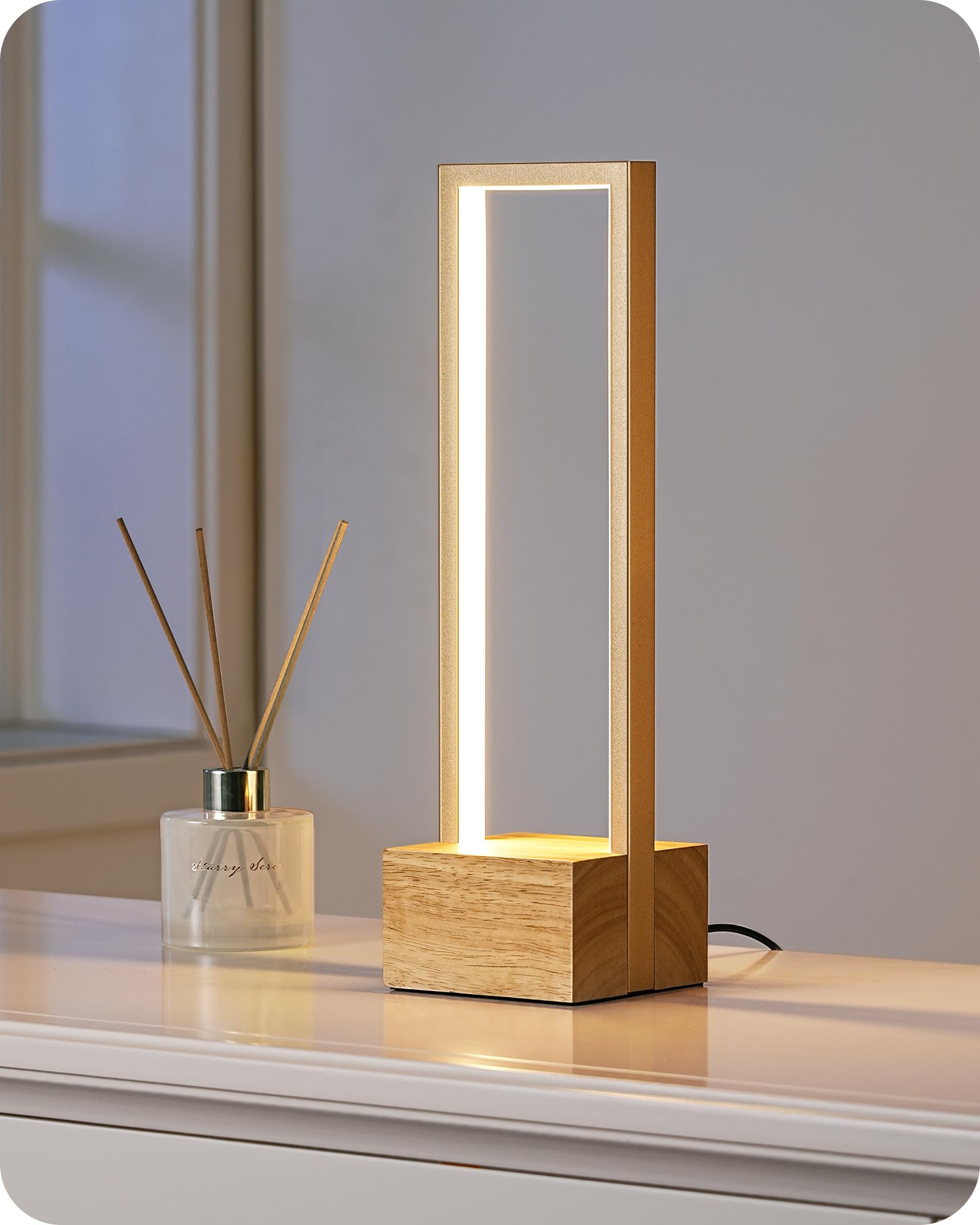 EDISHINE LED Table Lamp, Wooden Bedside Lamp with 3 Color Temperatures, Dimmable Square Nightstand Lamp for Bedroom Living Room,