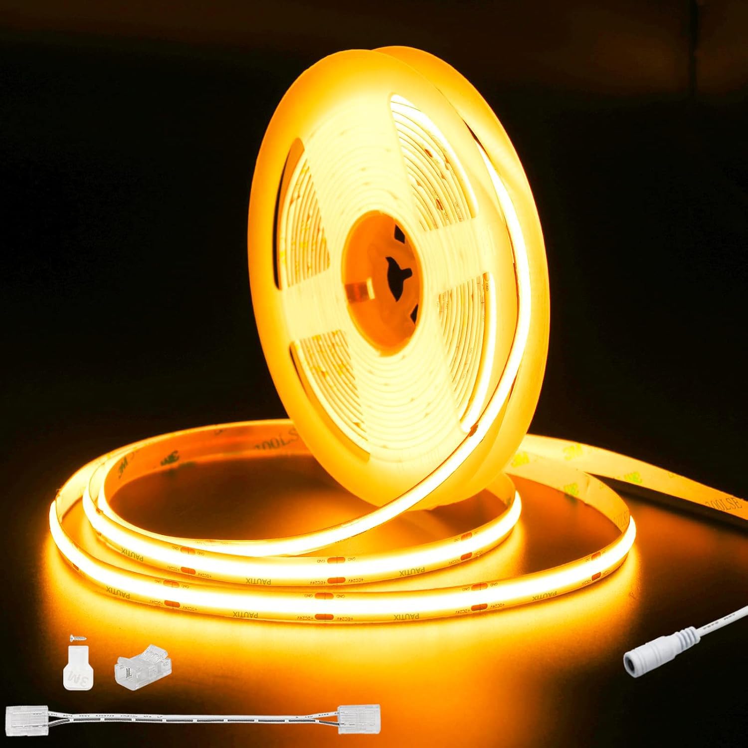 Pautix Cob Led Strip Light 20Ft/6.1M 3087Leds Warm White 2000K Cri90+ High Lumen Dc24V Flexible Led Tape For Cabinet Home Diy Lighting Projects With 1Pcs Cob Connector Wire(Power Supply Not Included)