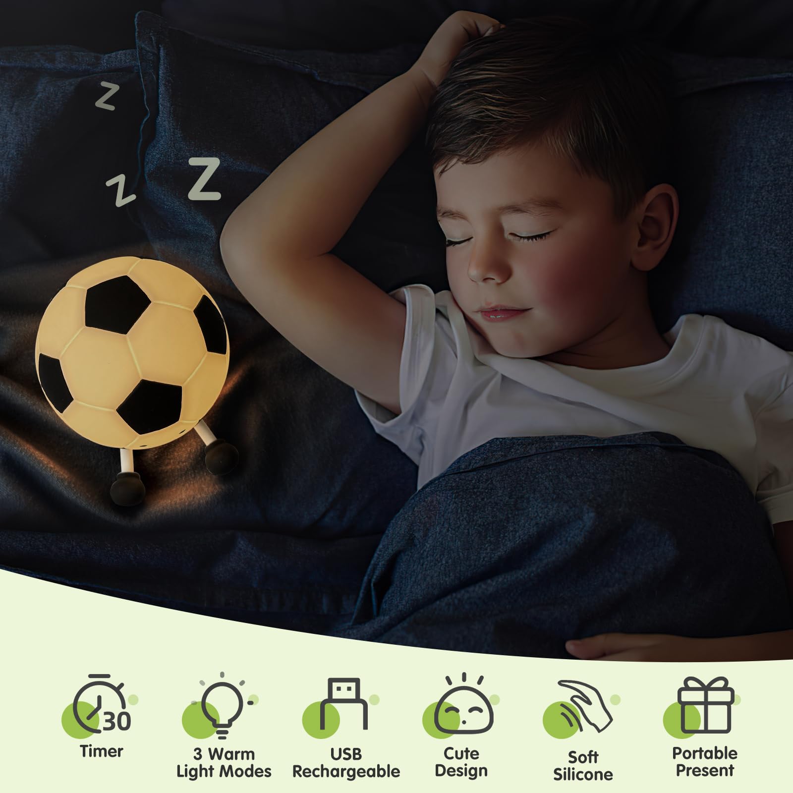 YISUN Soccer Night Light Lamp - Dimmable, Rechargeable, Silicone - Model A032, Home Decor for Kids