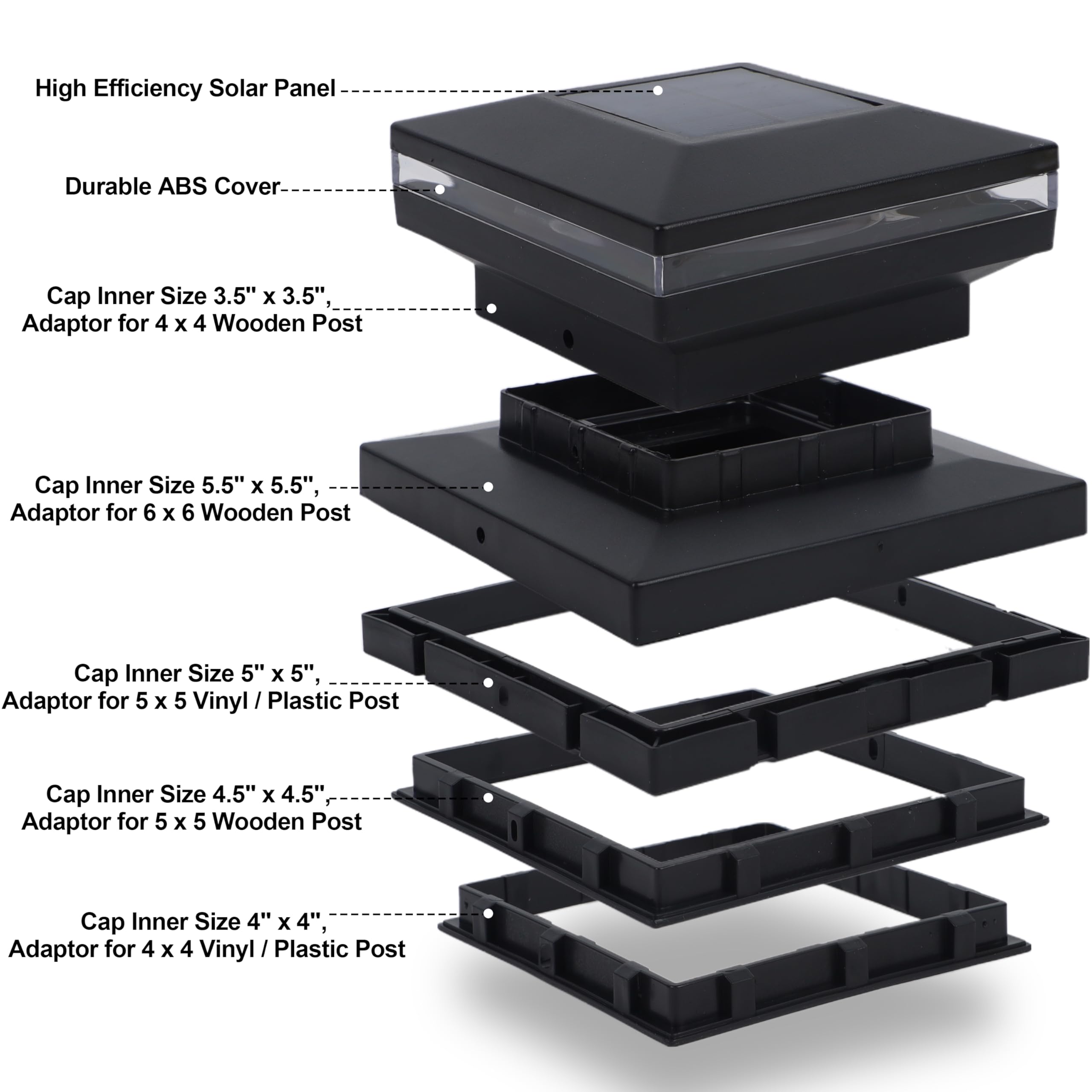Dynaming 6 Pack Solar Post Lights, Outdoor Decorative Post Cap Light, Solar Powered Black Shell Caps, Brightnepatio, Fwhite Led