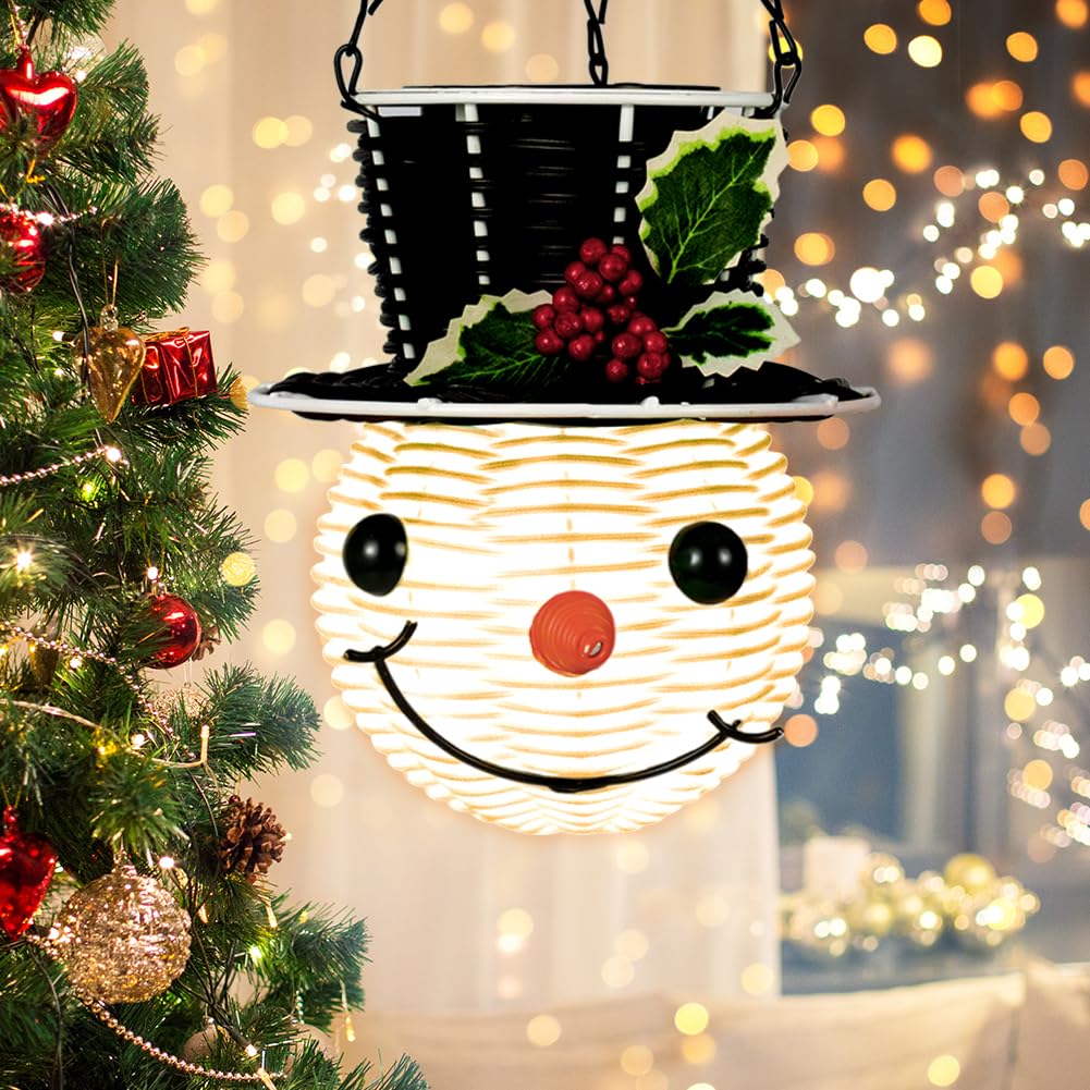 Snowman Hanging Solar Lantern Christmas Outdoor Decorations Yard Rattan Outdoor Lanterns For Patio Waterproof Holiday Solar Powered Lights For Garden Tree Decor