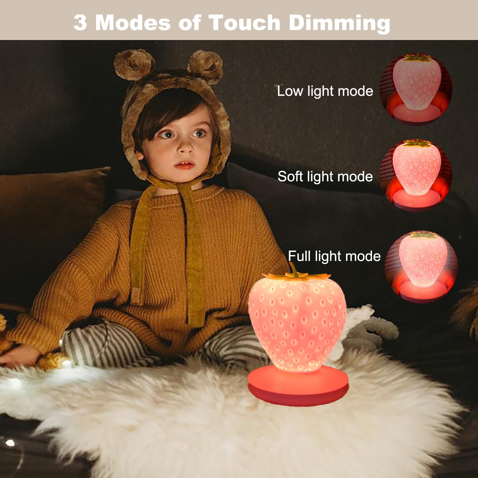 Liftatapa Strawberry Night Light  Cute Silicone Strawberry Lamp  Led Cute Night Light Decor  Usb Rechargeable Bedside Color Changing Lamp  3 Modes Touch Lighting For Birthday  Christmas