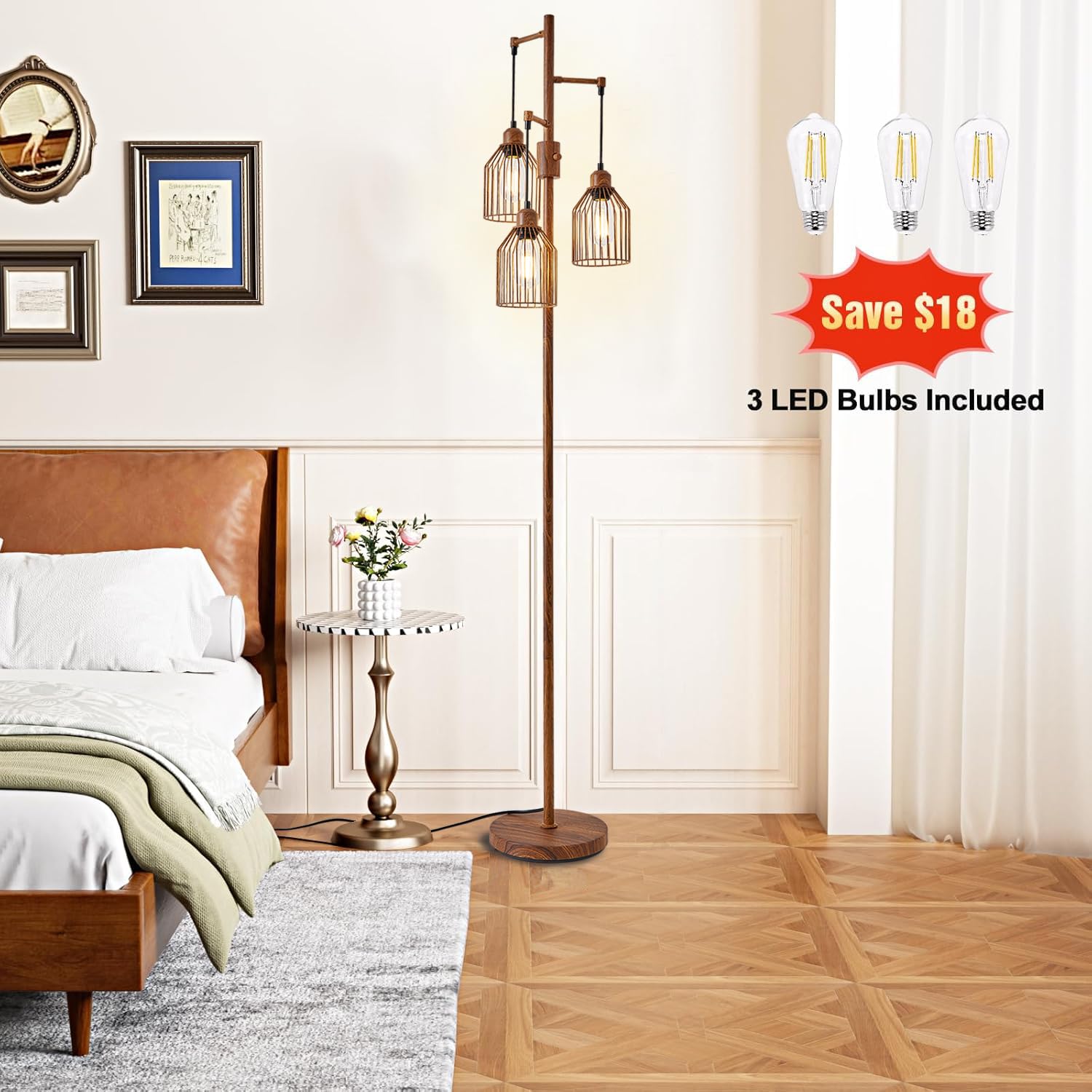 Dimmable Floor Lamp For Living Room, Farmhouse Floor Lamps With Elegant Hanging Cage, 3 X Led Edison Bulbs Included, 68.5'' Indu