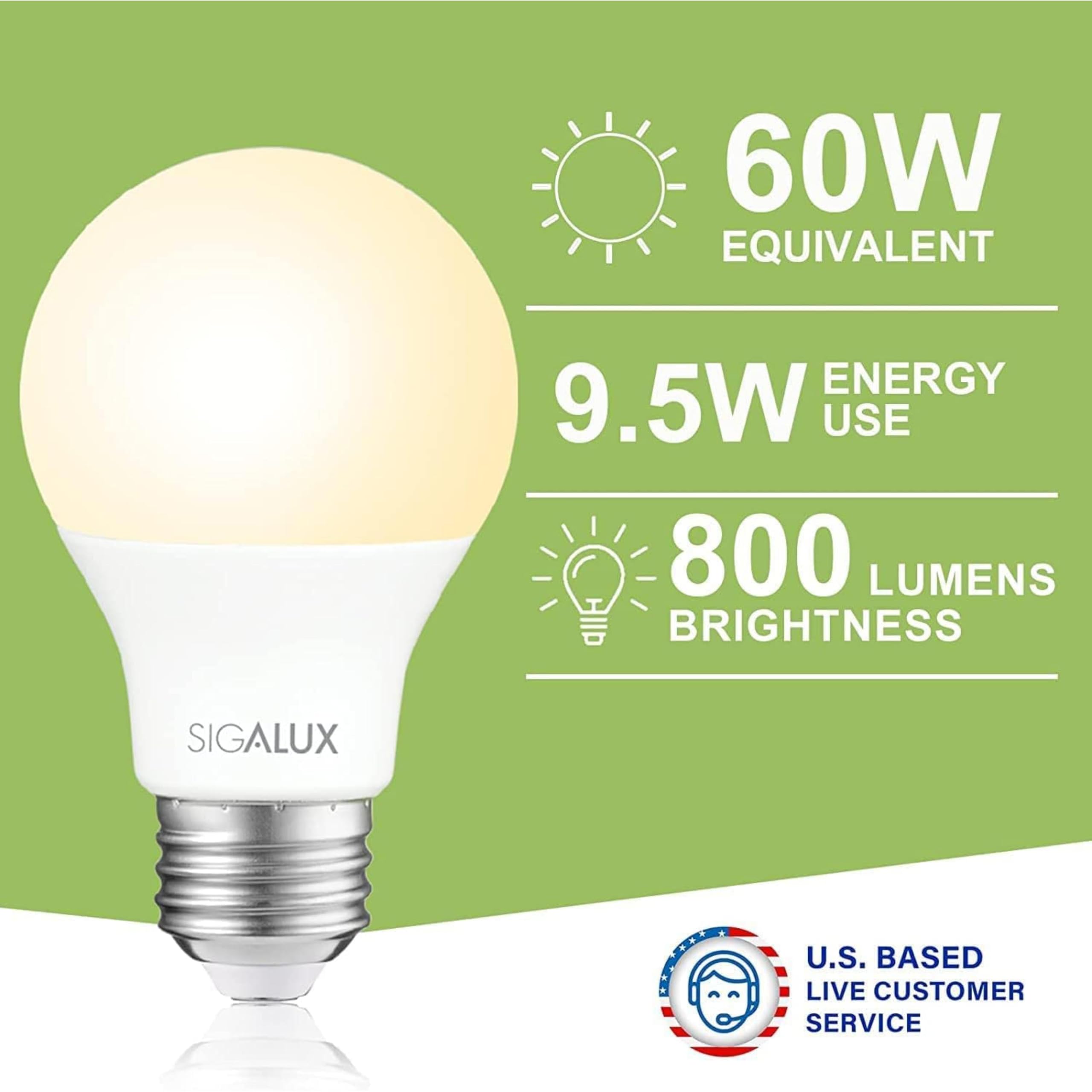Sigalux LED Light Bulbs A19, 60W Equivalent, 2700K Soft White, 9.5W, 800 Lumens, Non-Dimmable, 4 Pack