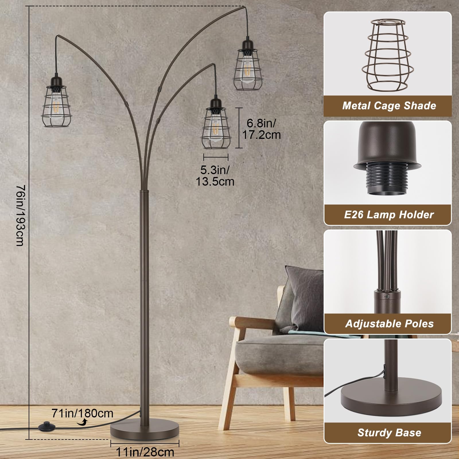 Boncoo Industrial Floor Lamp - 3 Light Arc Design, 76" Tall, Oil-Rubbed Bronze, Vintage Style with Metal Cage Shades & Foot Switch