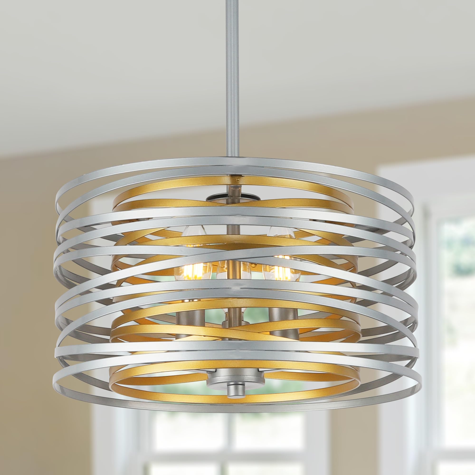 ACNKTZ 12.6'' Drum Pendant Light Fixture Hanging, Retro Semi Flush Mount Chandelier, Silver Chandeliers for Dining Room Bedroom 