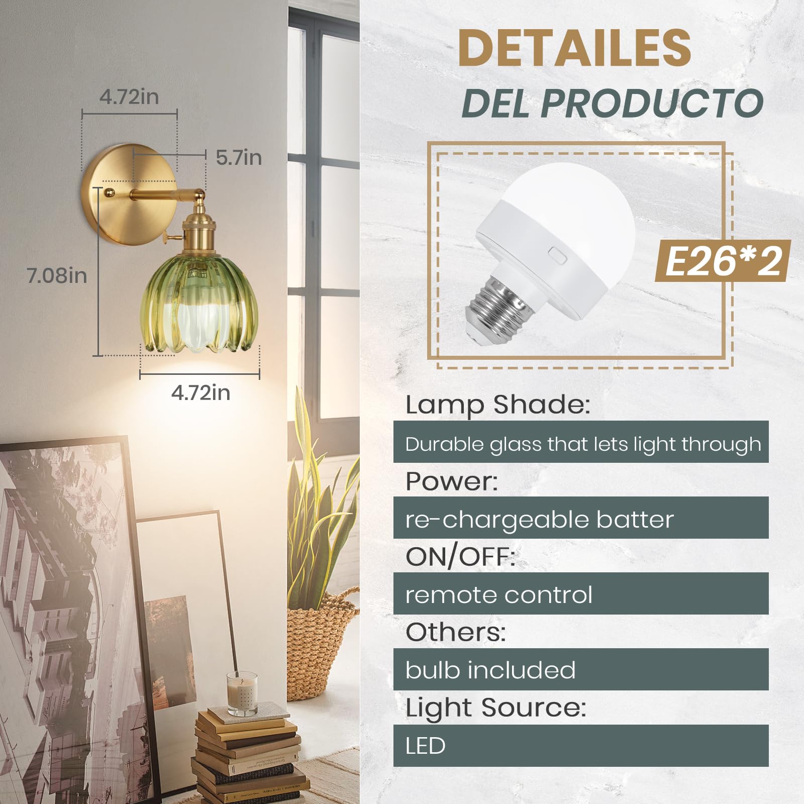 EIDEARAY Vintage Wall Sconce Set, Battery Operated, Metal, Tulip Green, Rechargeable with Remote Control, Model YLC-BRO3TB
