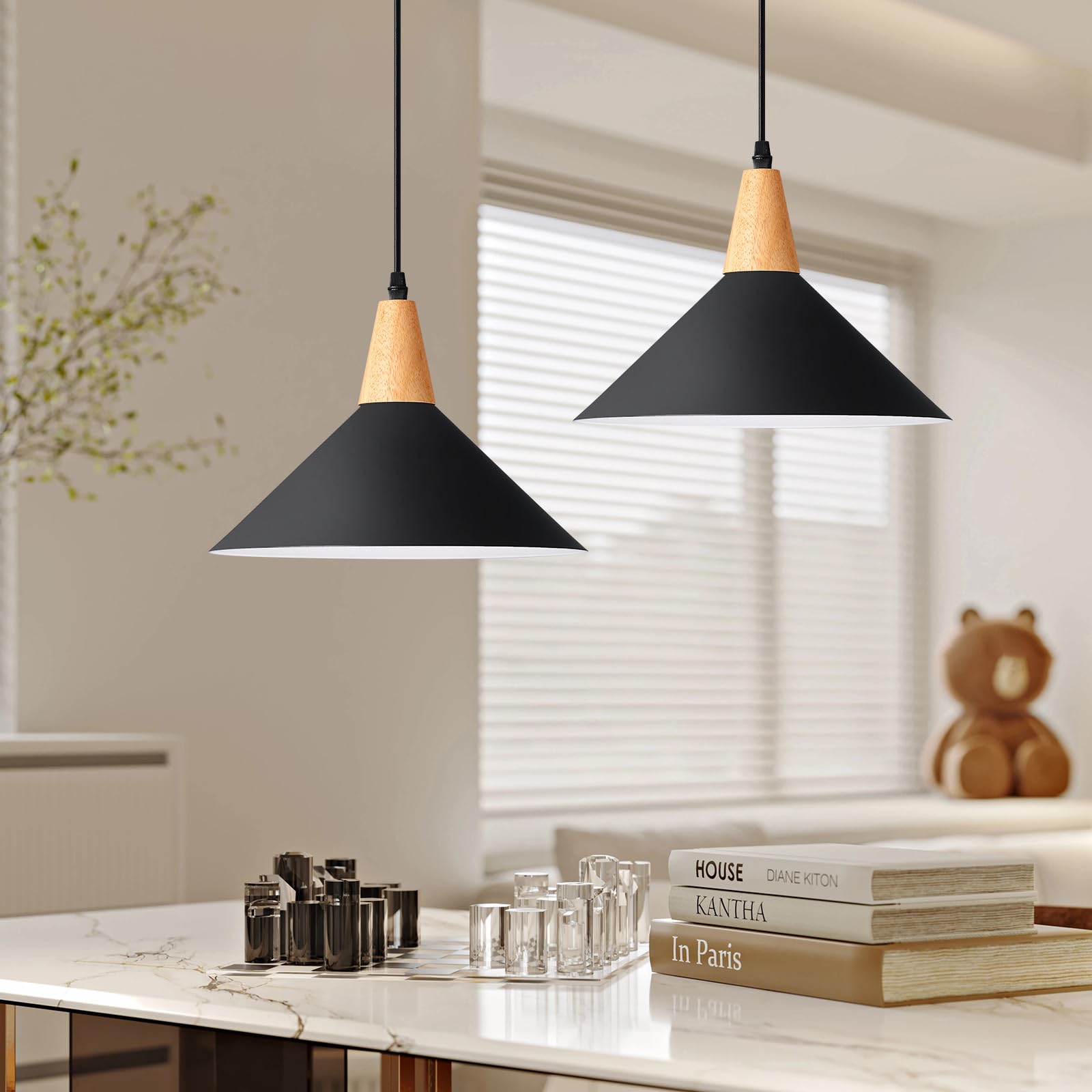 Modern Black Pendant Light Fixtures, 11.8'' Farmhouse Wood Pendant Lighting, Industrial Cone Hanging Lights For Kitchen Island,D