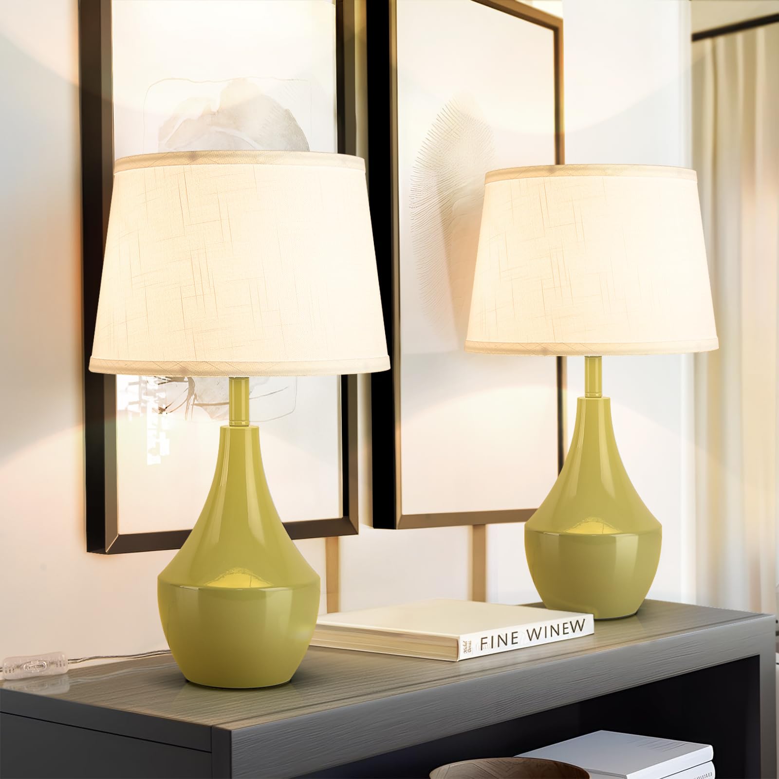 Sionfungluxx Green Table Lamps Set of 2, 19.3 Modern Bedside Table Lamp for Bedroom Nightstand, Cute Table Lamps for Living Room