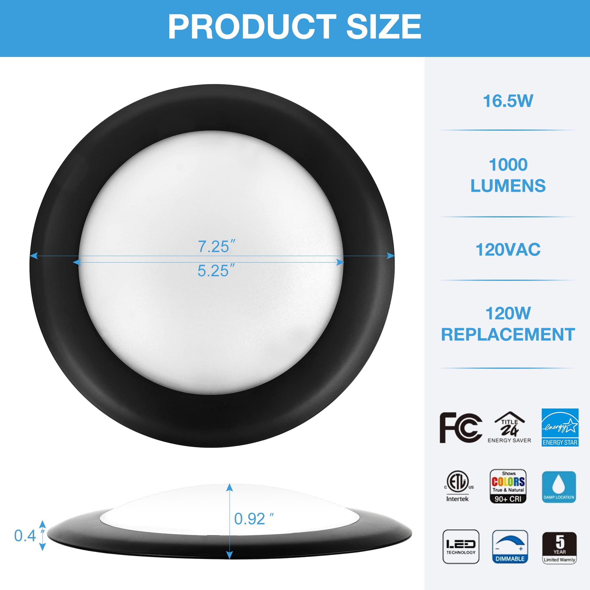 Ecoeler 6Inch Led Flush Mount Disk Light, Dimmable Ceiling Lighting Fixture, 16.5W, 5000K Daylight, 1000Lm, Low Profile Black Tr