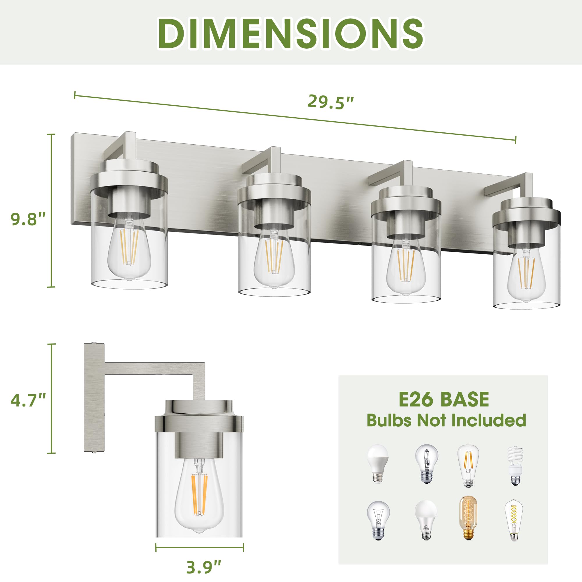 Espird 4-Light Bathroom Vanity Light Fixtures, Brushed Nickel, Glass Shade, Model L08-3-TONG