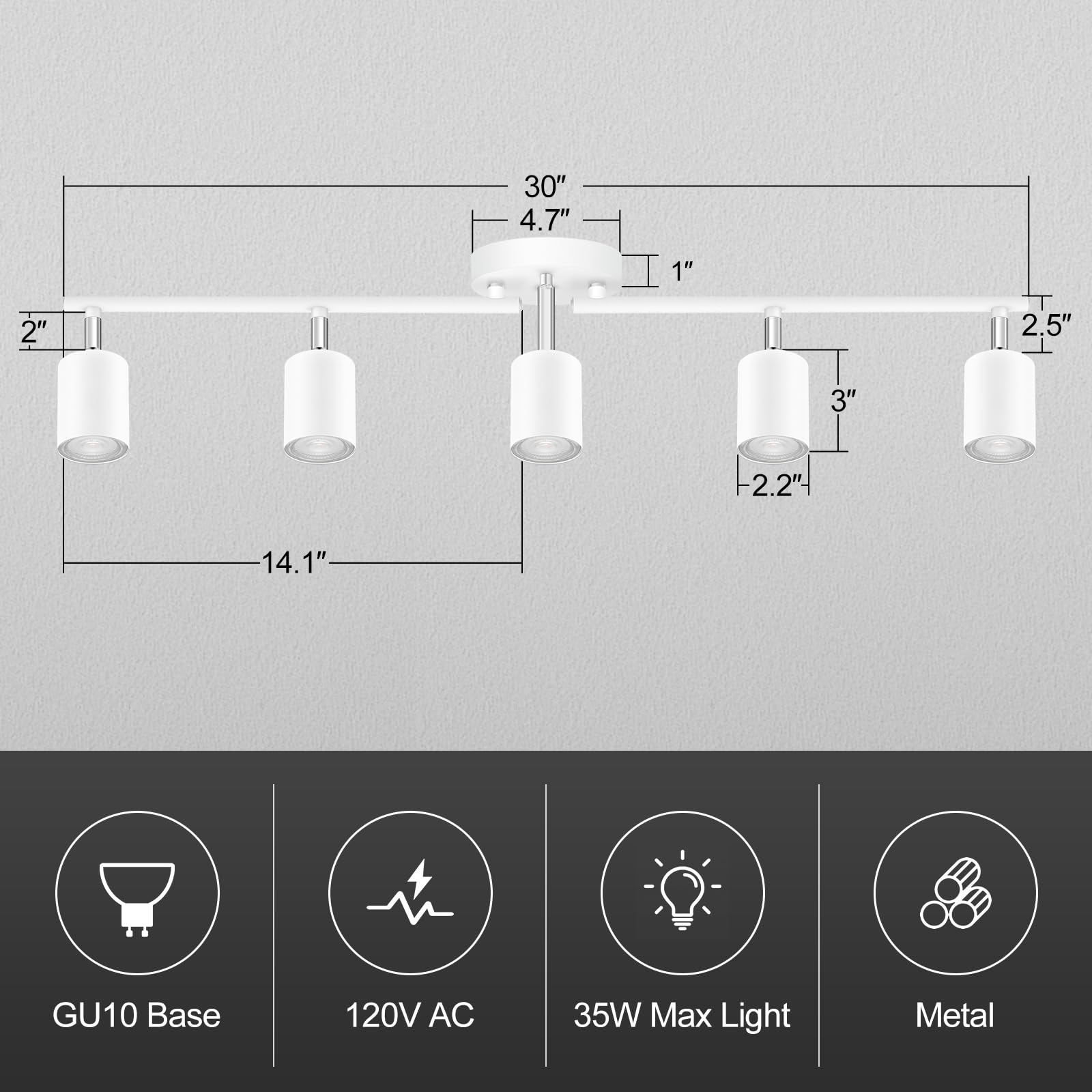 Track Lighting, Led Track Lighting Fixtures Ceiling, White Track Lights For Bedroom, 30'' Ceiling Spotlight Kit, 5 Light Track W