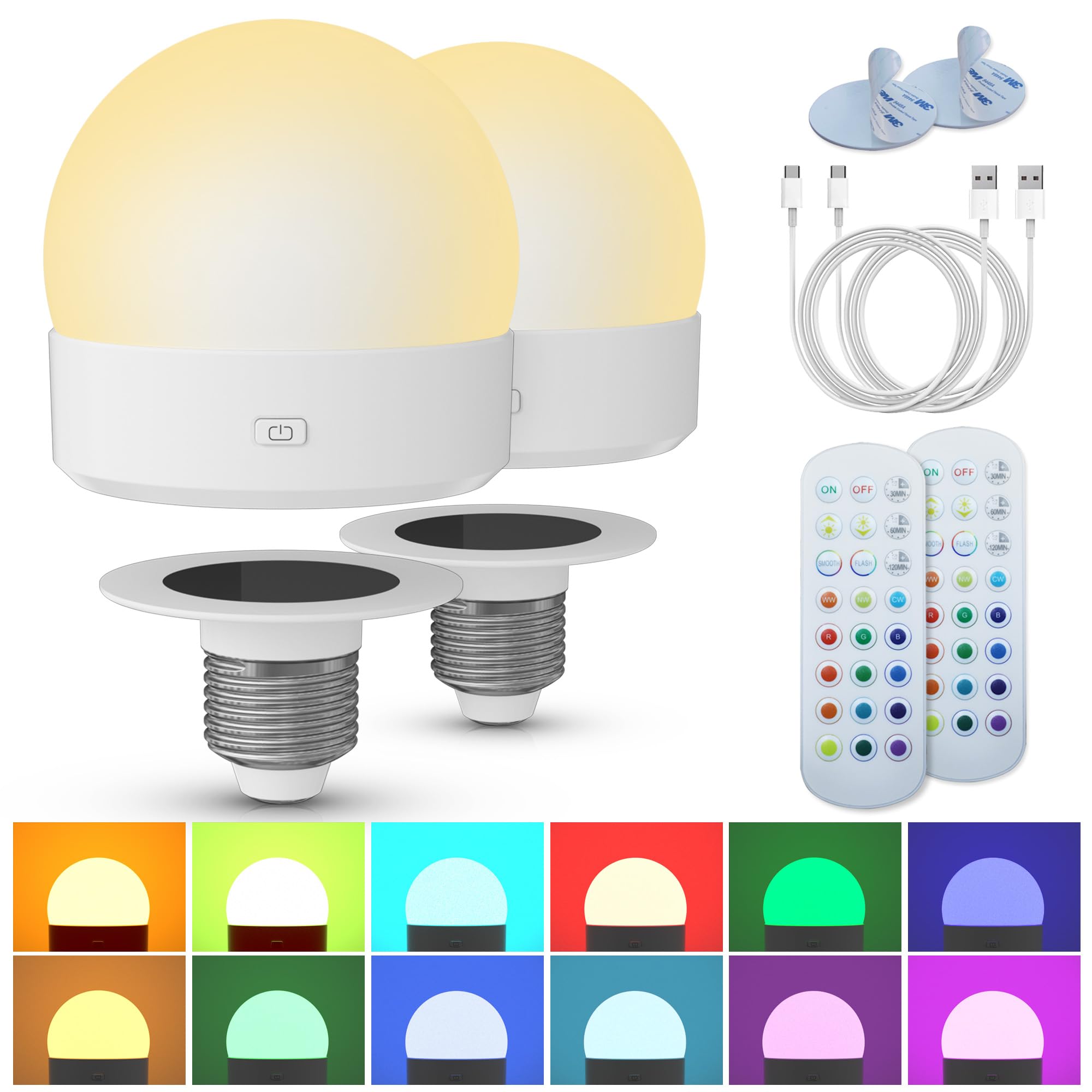 Rechargeable Battery Night Light Bulb: 3000Mah Led Bulb With Remote Control For Lamp, Wireless E26 Usb Puck Light 400Lm With Tim