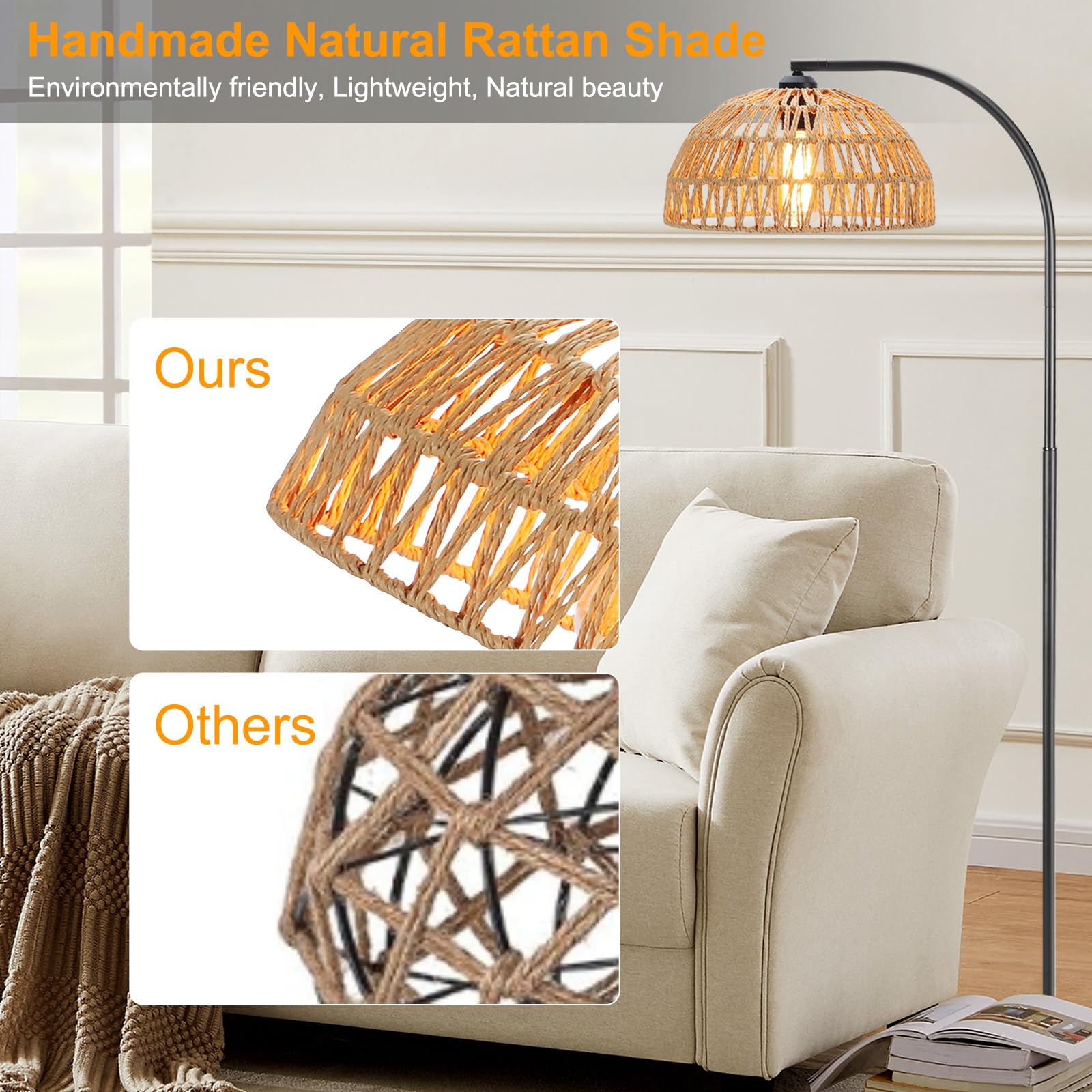 Oyxon Boho Arc Floor Lamp For Living Room With Rattan Lampshade, 65In Farmhouse Vintage Tall Lamp With Foot Switch, Bohemian Sta