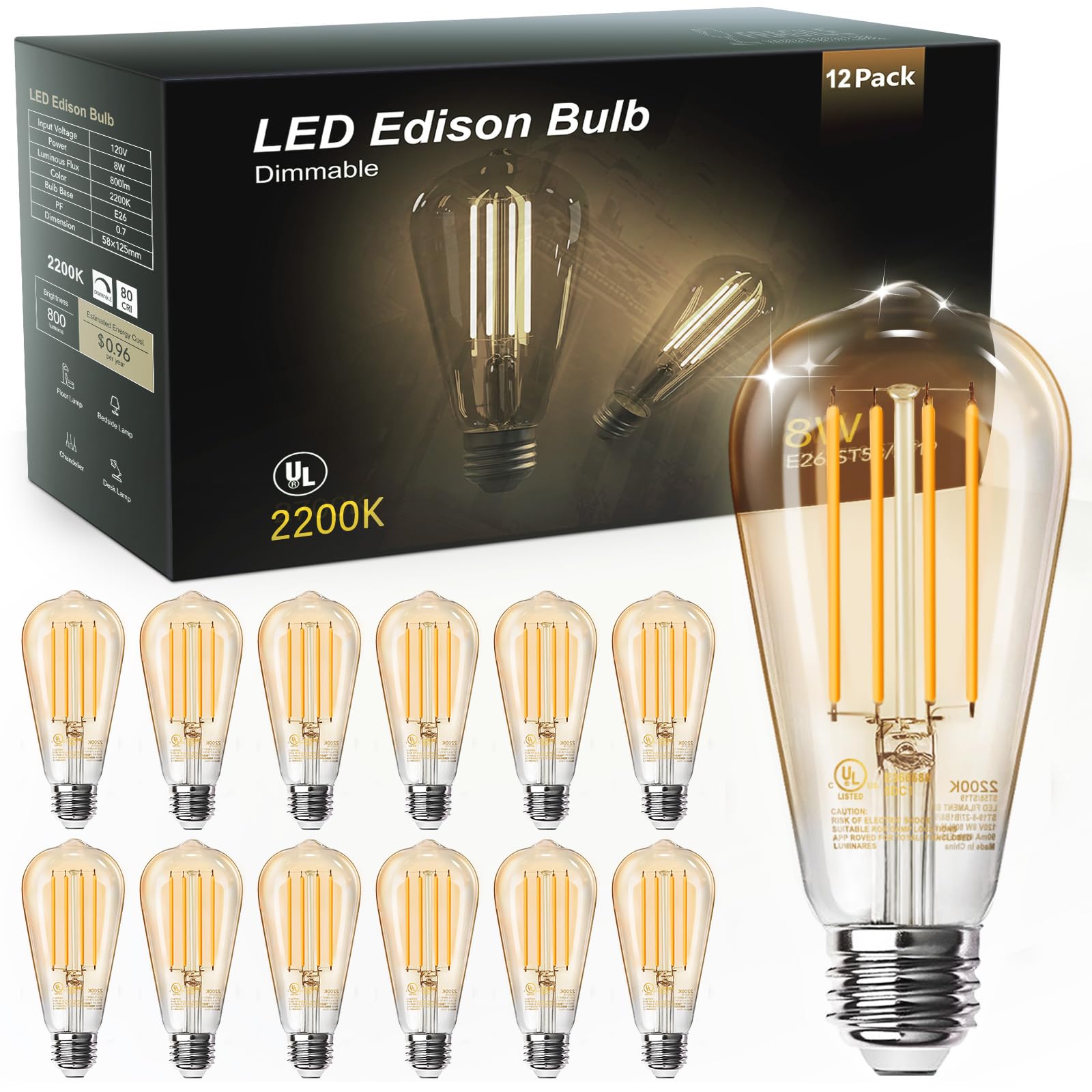 TJOY 12 Pack Vintage 8W ST58 LED Edison Bulbs, 2200K Soft White, Dimmable, E26 Base, 800 Lumens, Antique Glass Style