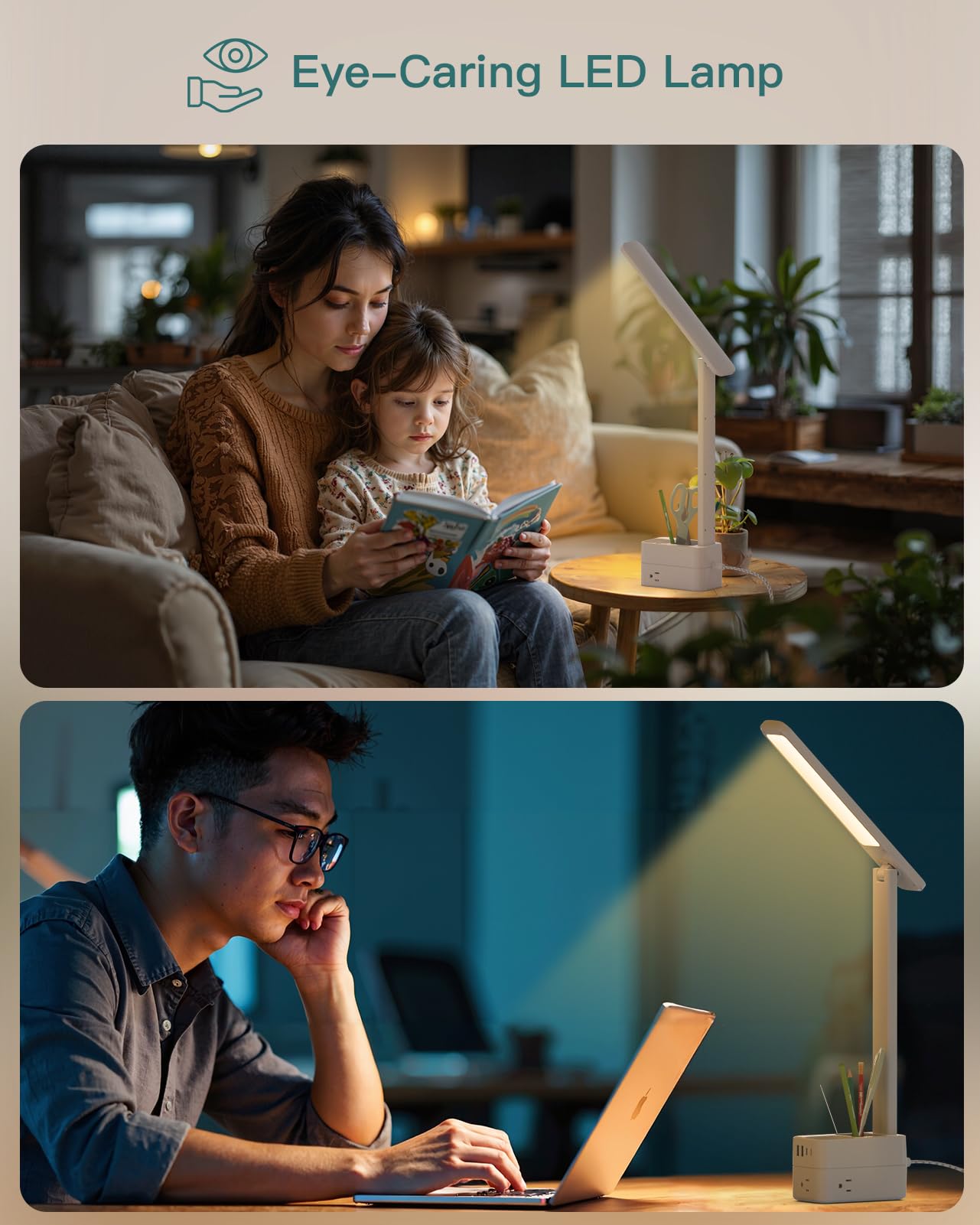 Addtam LED Desk Lamp with Pen Holder, 3 Color Modes, 4 USB Ports, 5 FT, White, Model AD3WLCDC2
