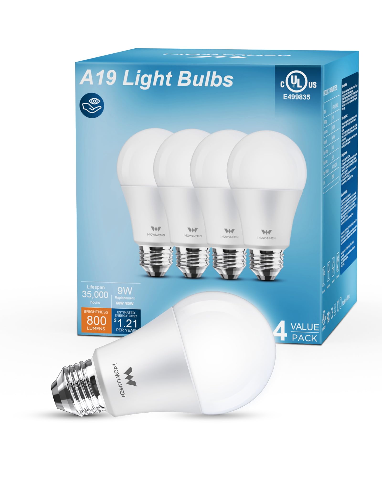 Wowlumen A19 Led Light Bulb, 9W E26 Lighting Bulbs(60 Watt Equivalent),5000K Cool White, 800Lm Standard Base For Kitchen, Living