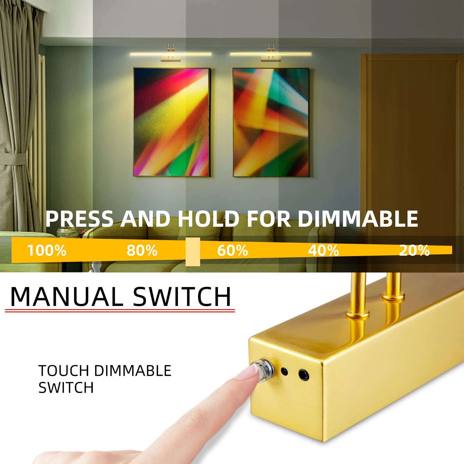 Raifoolly Picture Light,2 Colors Art Lights For Paintings,20&quot; Battery Operated Wall Light,Remote Control Accent Light With Timer And Dimmable For Frame,Portrait,Dartboard-Brass