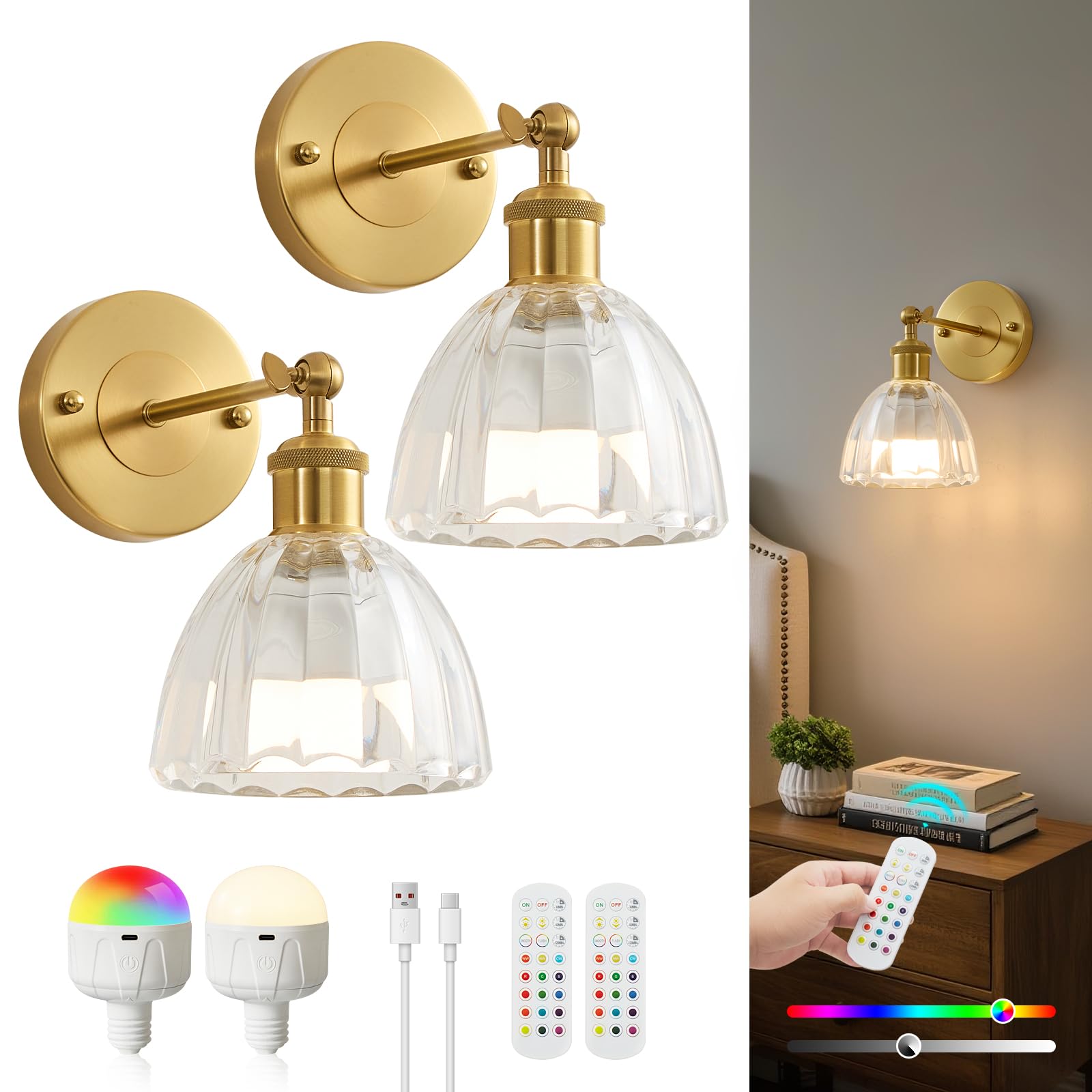 Vitnucrol Vintage Rechargeable Wall Sconces Set of Two, Gold Battery Operated Glass Lampshade LED Wall Lamp with Remote for Bedr
