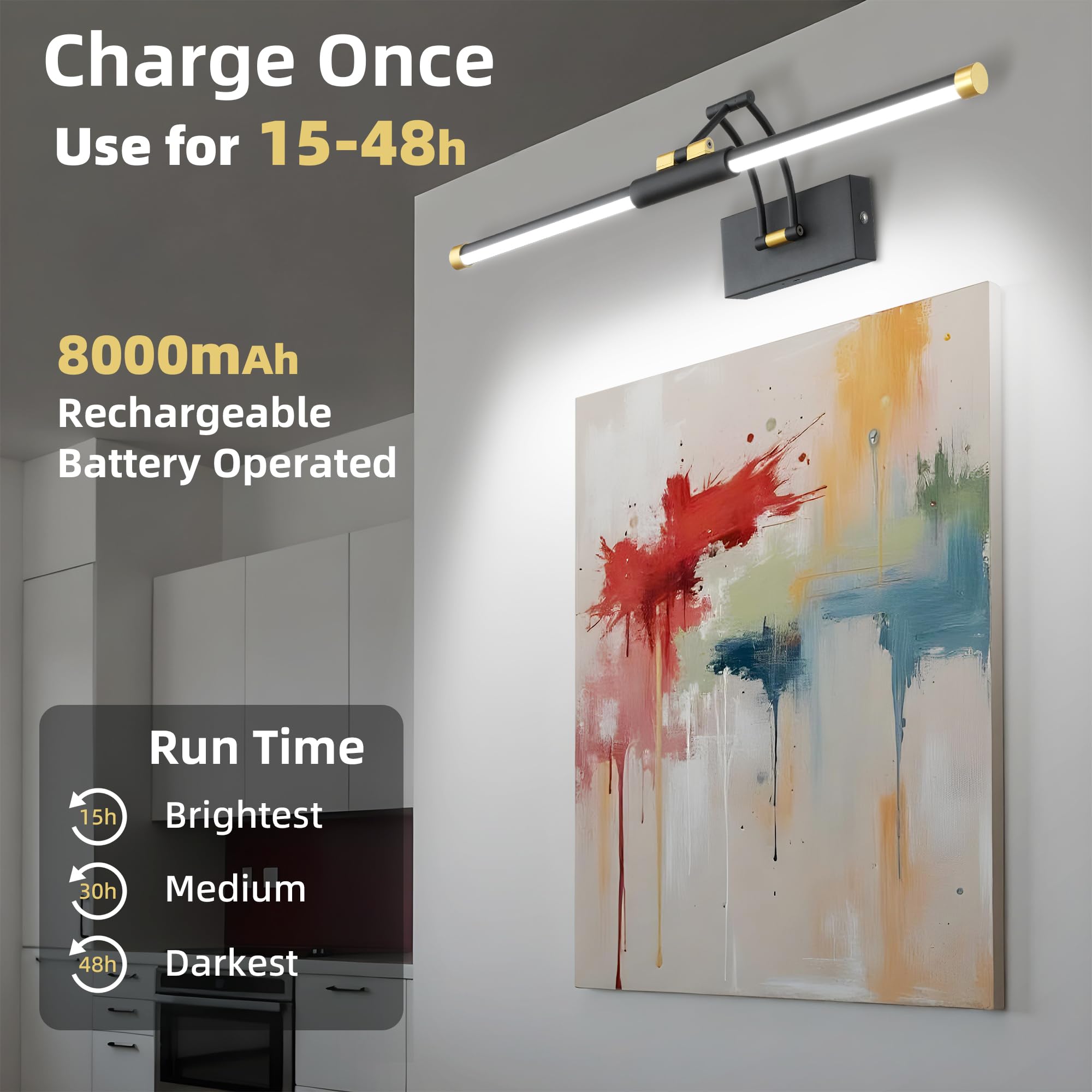 24 Picture Lights For Wall Battery Operated  Wireless Picture Lights With Remote  Rechargeable Wall Light 3000K/4000K/6000K Dimmable  Art Lighting For discomfort-reducingtings Frame Gallery Dartboard  Black Gold