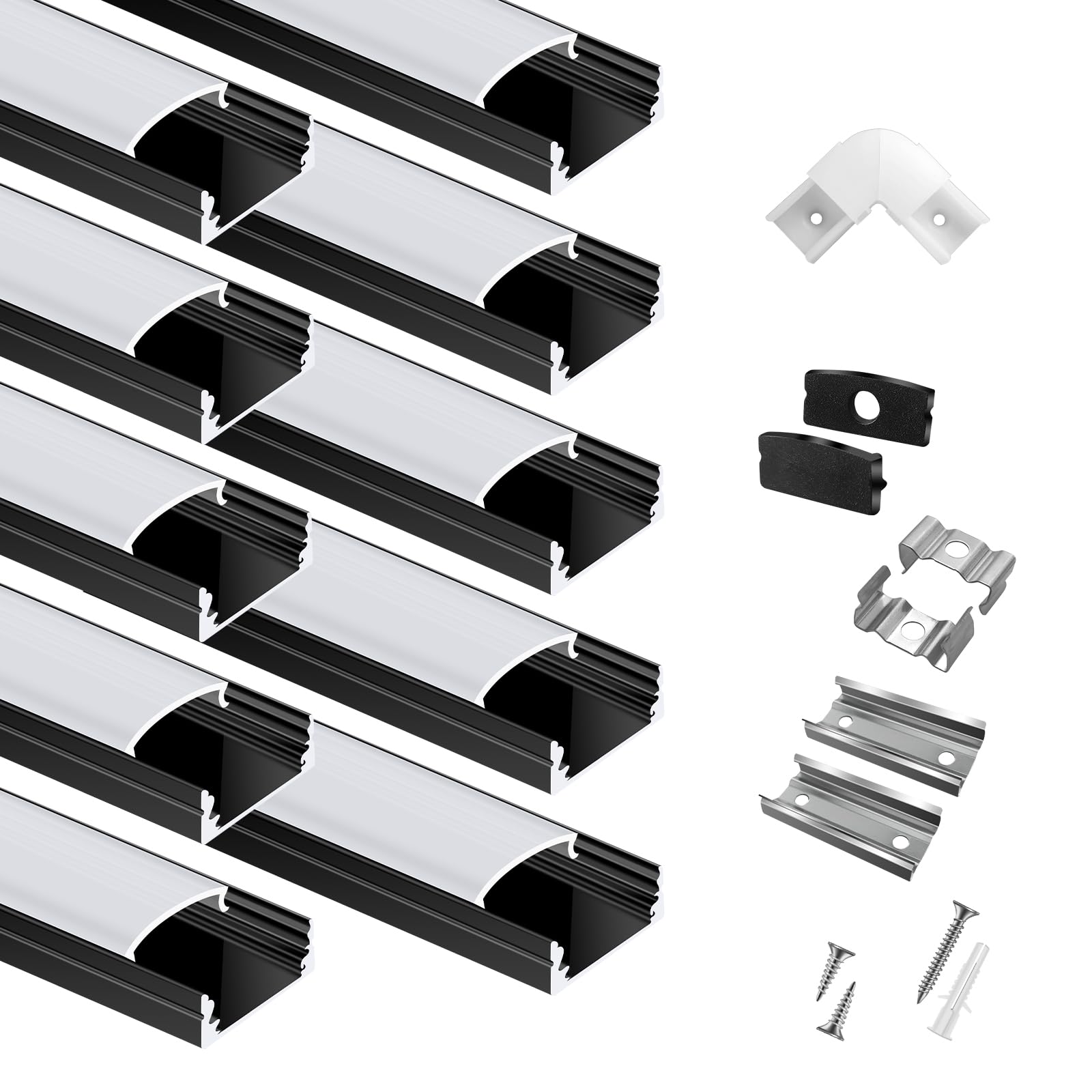 10-Pack 6.6ft/2Meter U Shape Black LED Aluminum Channel System with Milky Cover, End Caps and Mounting Clips, Aluminum Channel P