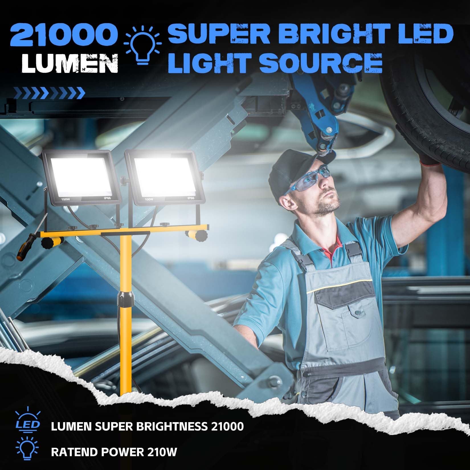 21000 Lumen Work Lights With Stand, 2 Adjustable Head Led Work Light, With Adjustable And Foldable Tripod Stand, Waterproof Lamp With Individual Switch With 6500 Kelvin Color Temperature (Yellow-2)