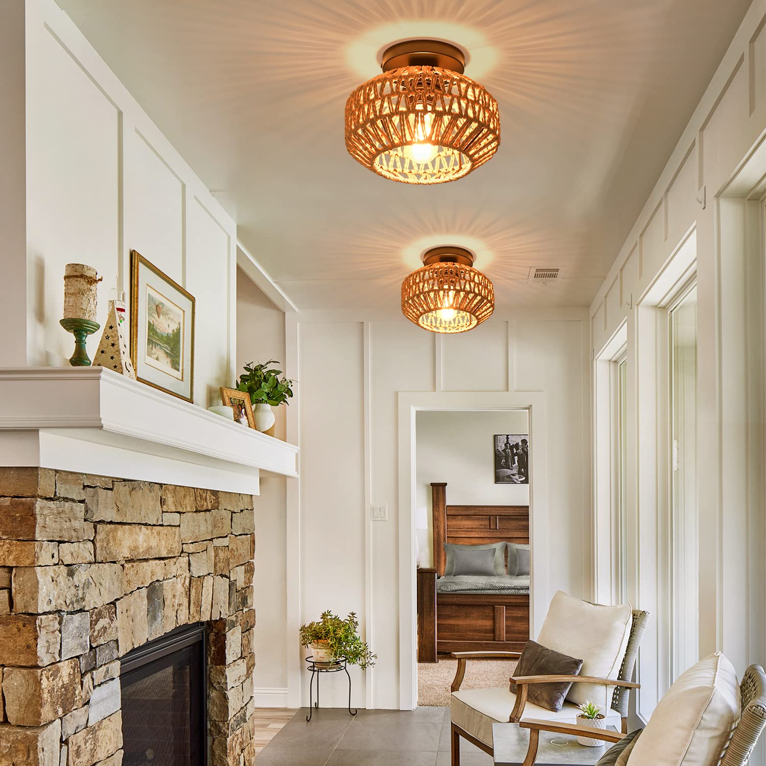 IHENGYANLT Semi Flush Mount Ceiling Light, Metal Rattan, 2 Pack, Hand Woven Farmhouse Fixtures for Bedroom, Hallway, Nursery, Model C1220Z