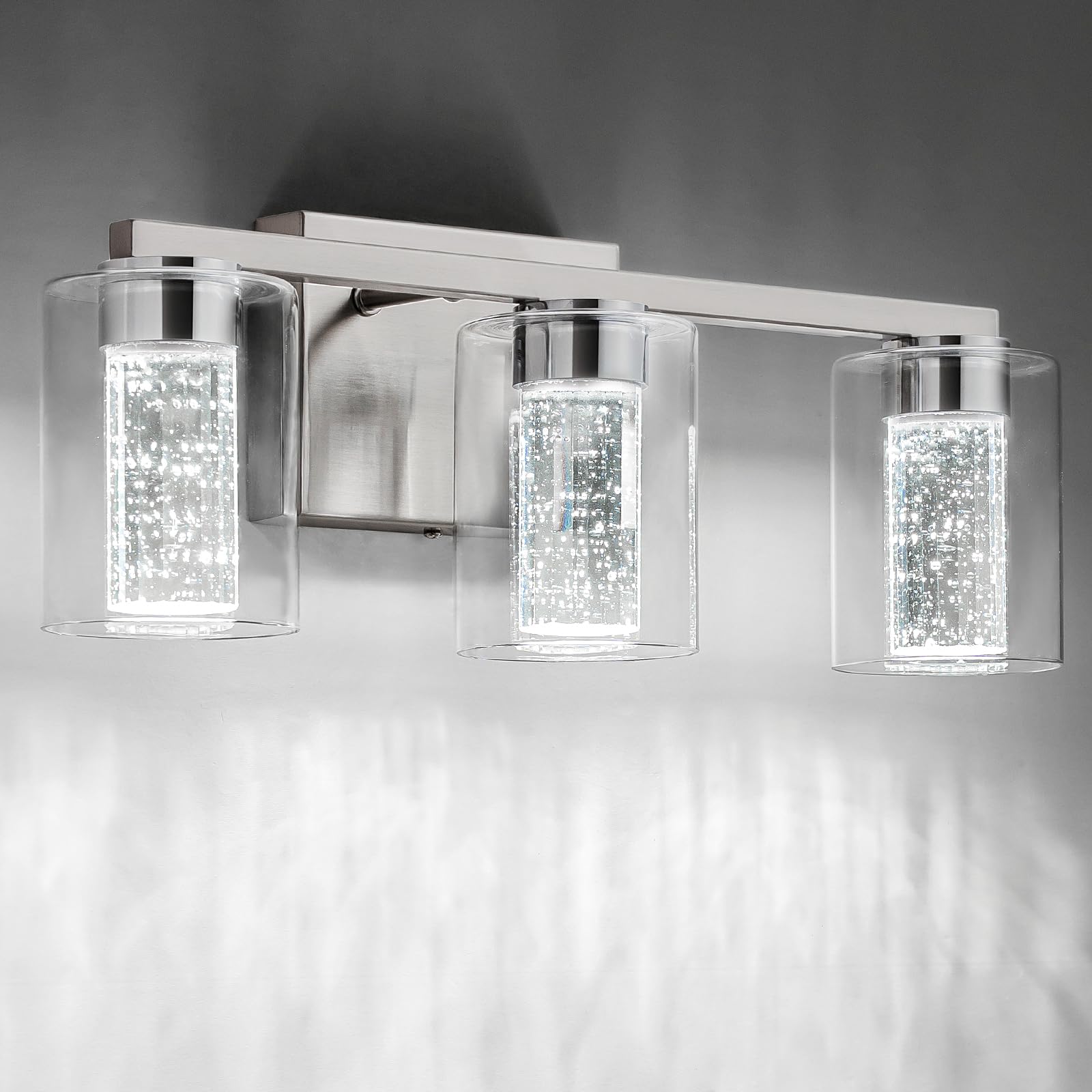 Sinerise 3-Light Brushed Nickel Vanity Light With 3 Color Modes (3000K/4000K/6000K), Eye Protection Led Bathroom Light Fixture,