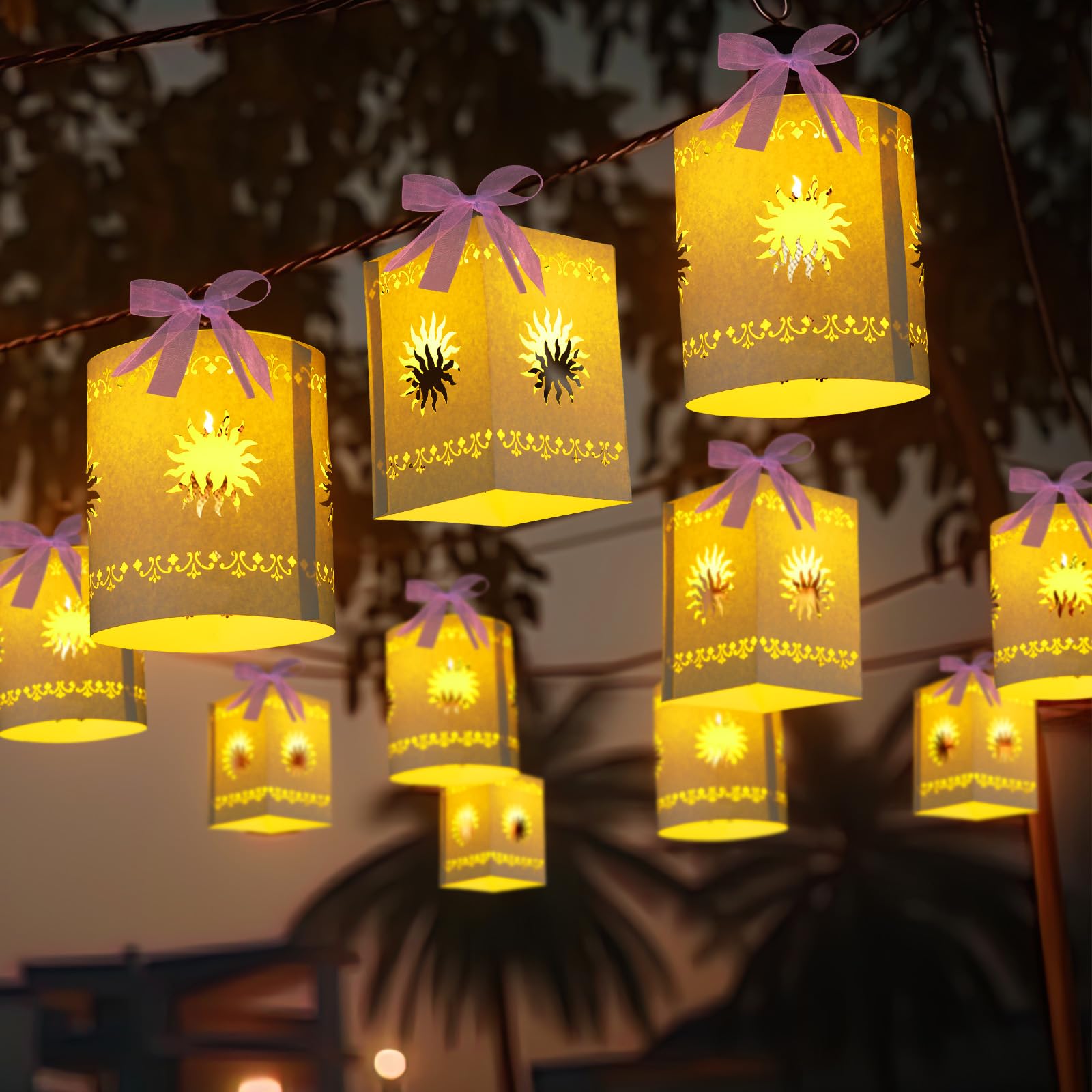 Beeveer 20 Pack Princess Sun Hanging Lanterns DIY Set Purple Princess Hanging Paper Lanterns Purple Sun Cutout Square Round Deco
