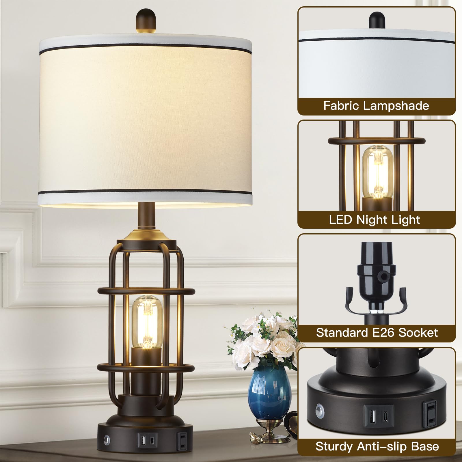 26'' Modern Lamp For Living Room, Industrial 3-Way Dimmable Beside Table Lamp With Usb A+C Charging Ports & Ac Outlet, Touch Con