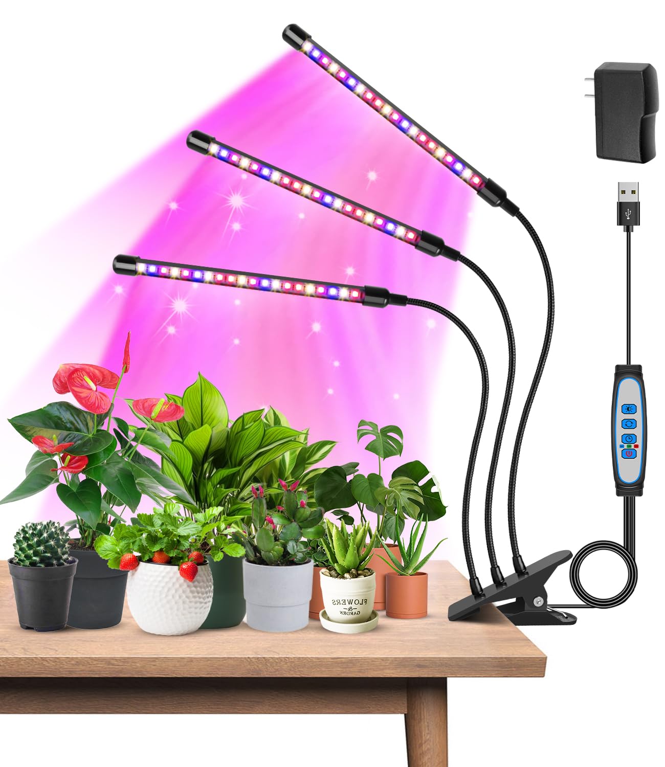 Garpsen Plant Lights, 3 Heads Red Blue Warm White Full Spectrum Grow Lights For Indoor Plants, 60 Leds Led Grow Light For Seed Starting, With Auto On/Off 6/12/16H Timer, 5 Dimmable Levels