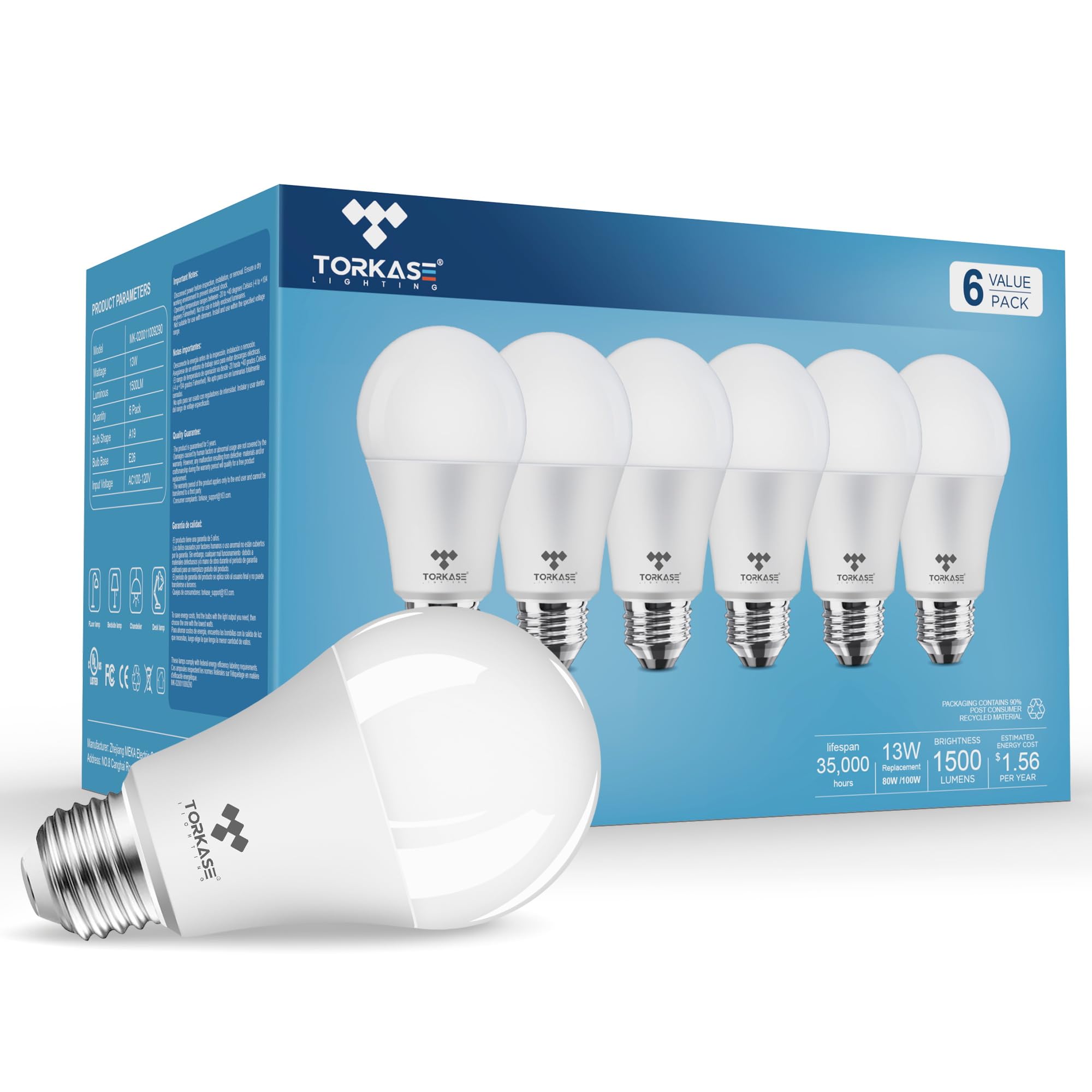 Torkase LED Light Bulb A19 13W 1500 Lumens 3500K Soft White 6 Pack Frosted Cover