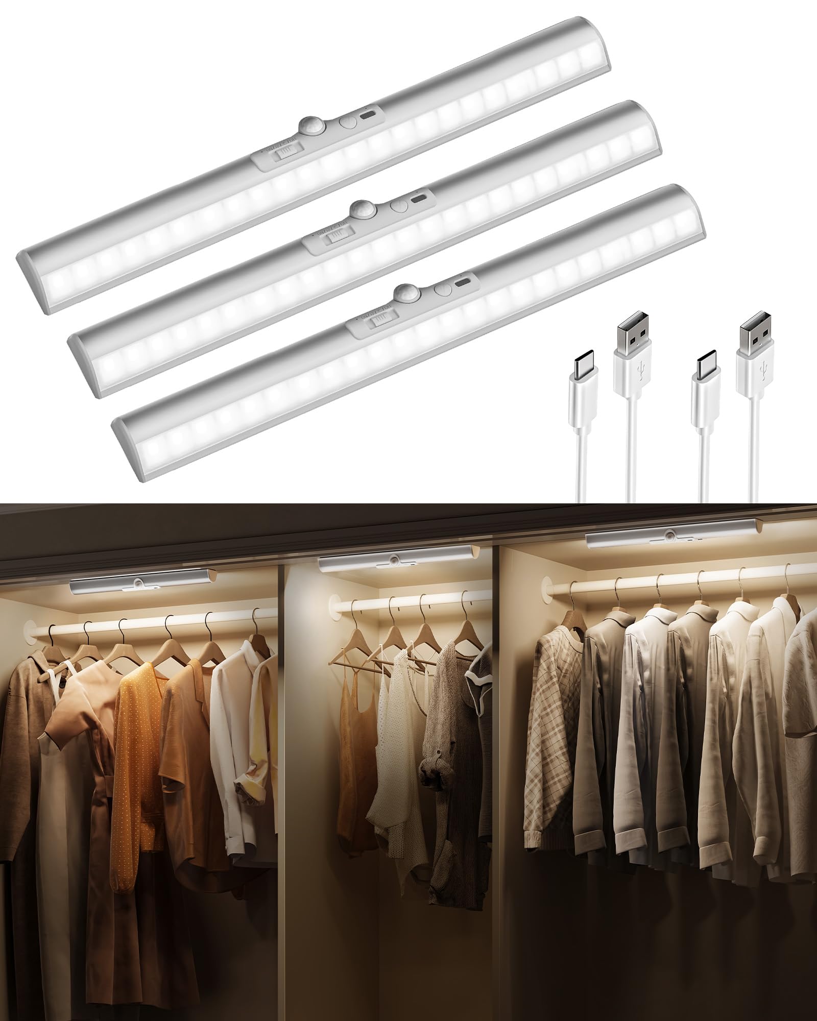 EZVALO 3 Pack Motion Sensor Closet Lights, 15inch Rechargeable Cabinet Lights with Rotatable Sensor, Glare-Free, 3 Color Temps &