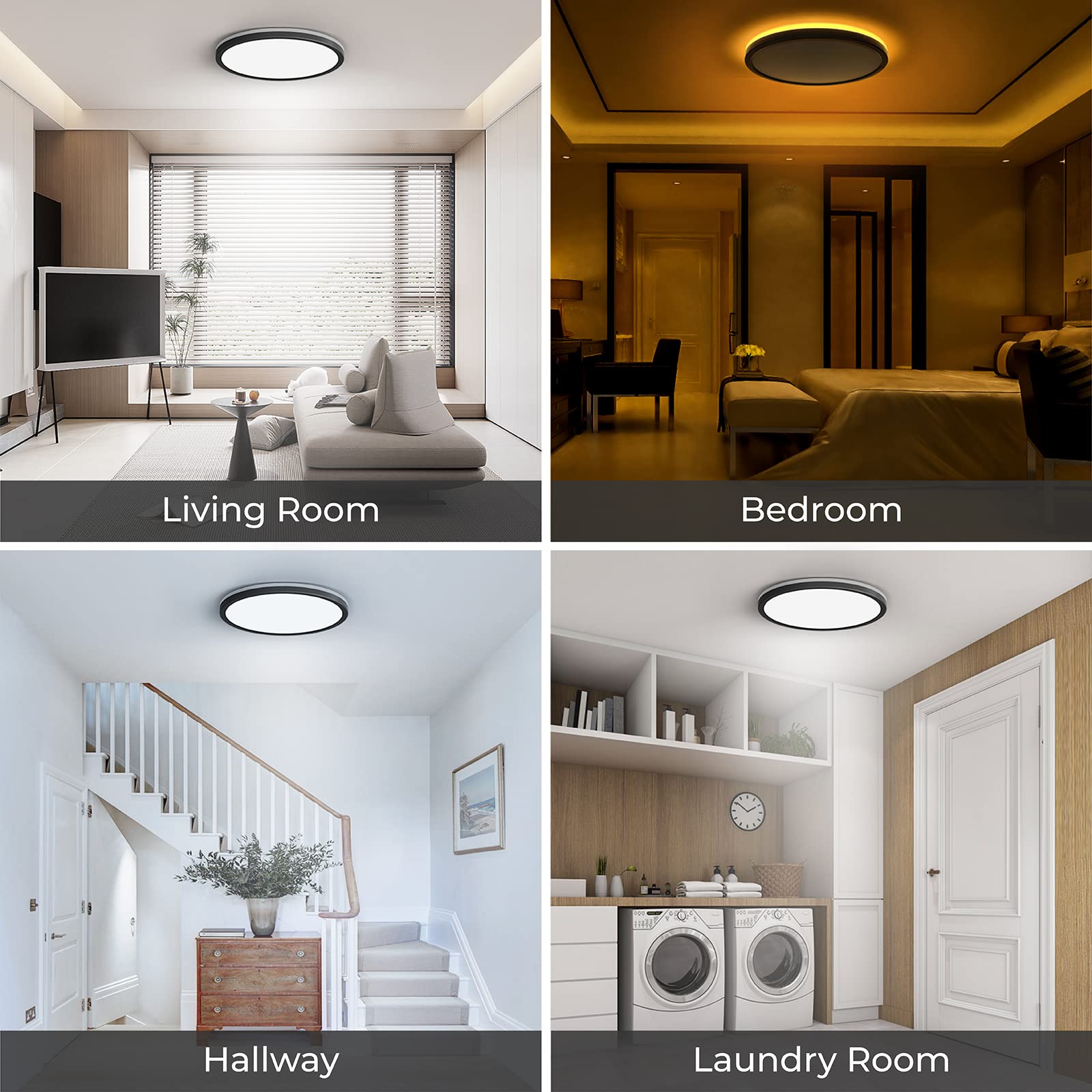 Matane 12 Inch LED Flush Mount Ceiling Light - Dimmable, 24W, 2400LM, Selectable 3000K/4000K/5000K, Black,