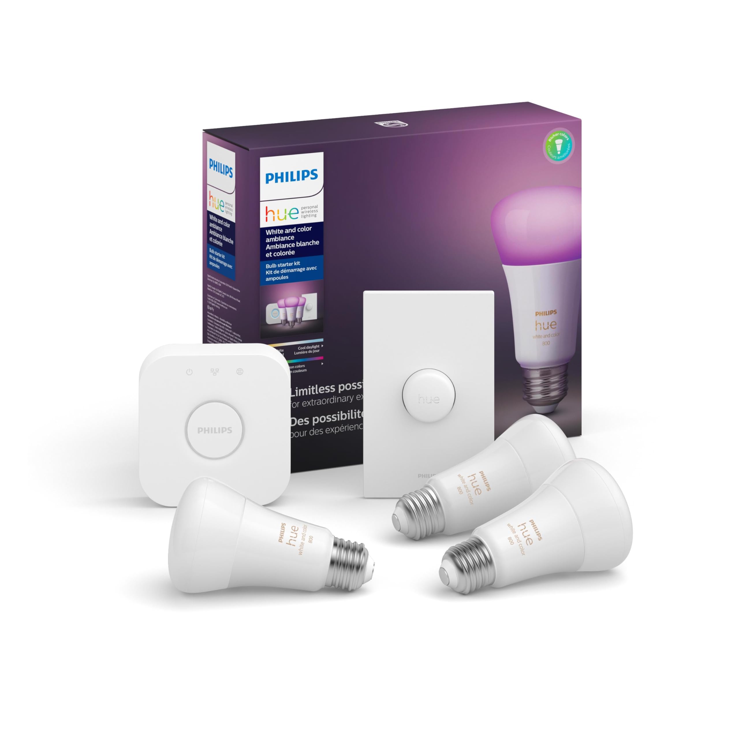 Philips Hue Smart Button Starter Kit, White and Color Ambiance, 3 Count, Model 553933, 60W, Works with Alexa and Google Assistant