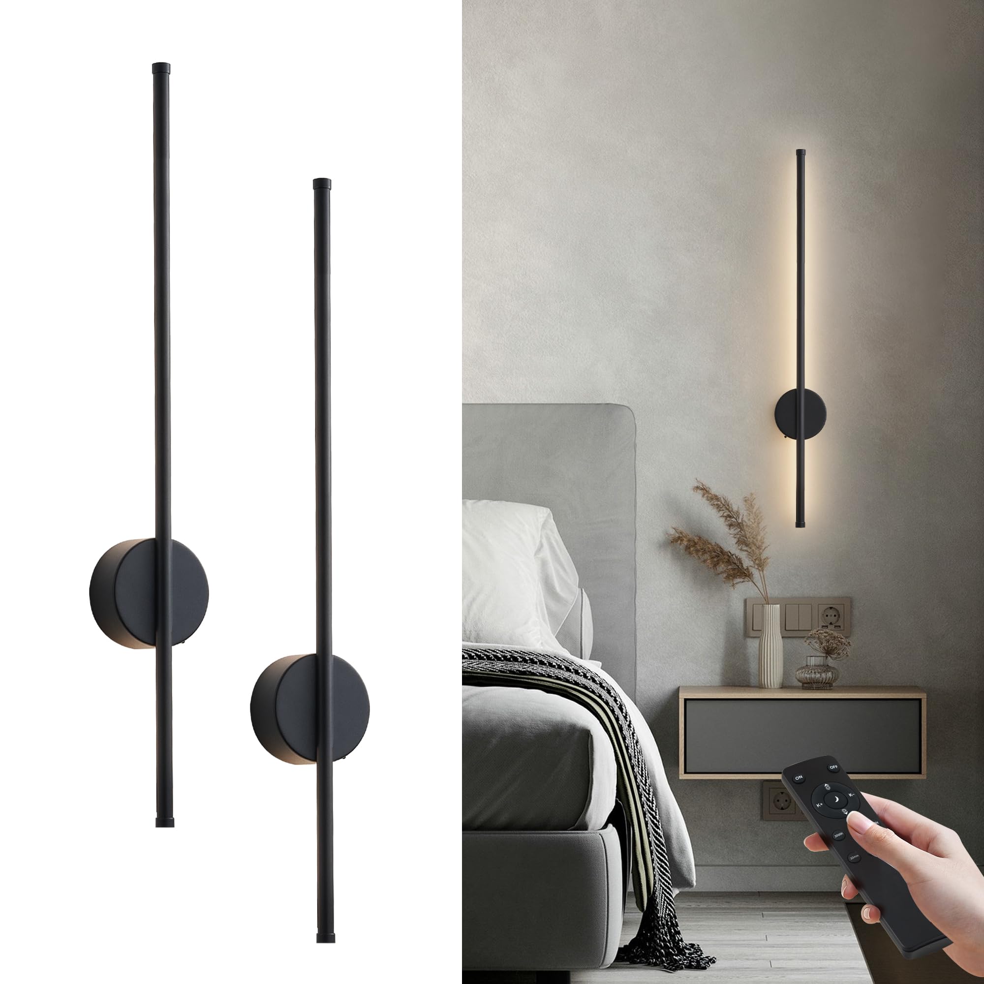 KARTOOSH Battery Operated Wall Sconces, Dimmable LED, 27.6 Inch, Black, Model ZM322B, Set of Two with Remote Control