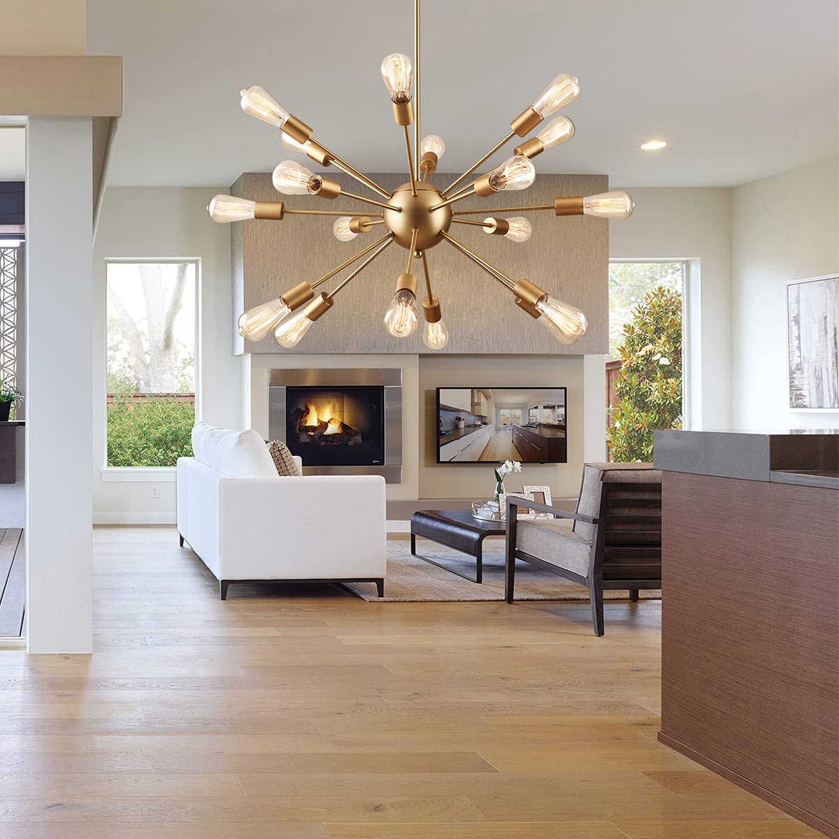 Mirrea Vintage Metal Dimmable Sputnik Chandelier, 18 Lights, Brushed Brass Finish